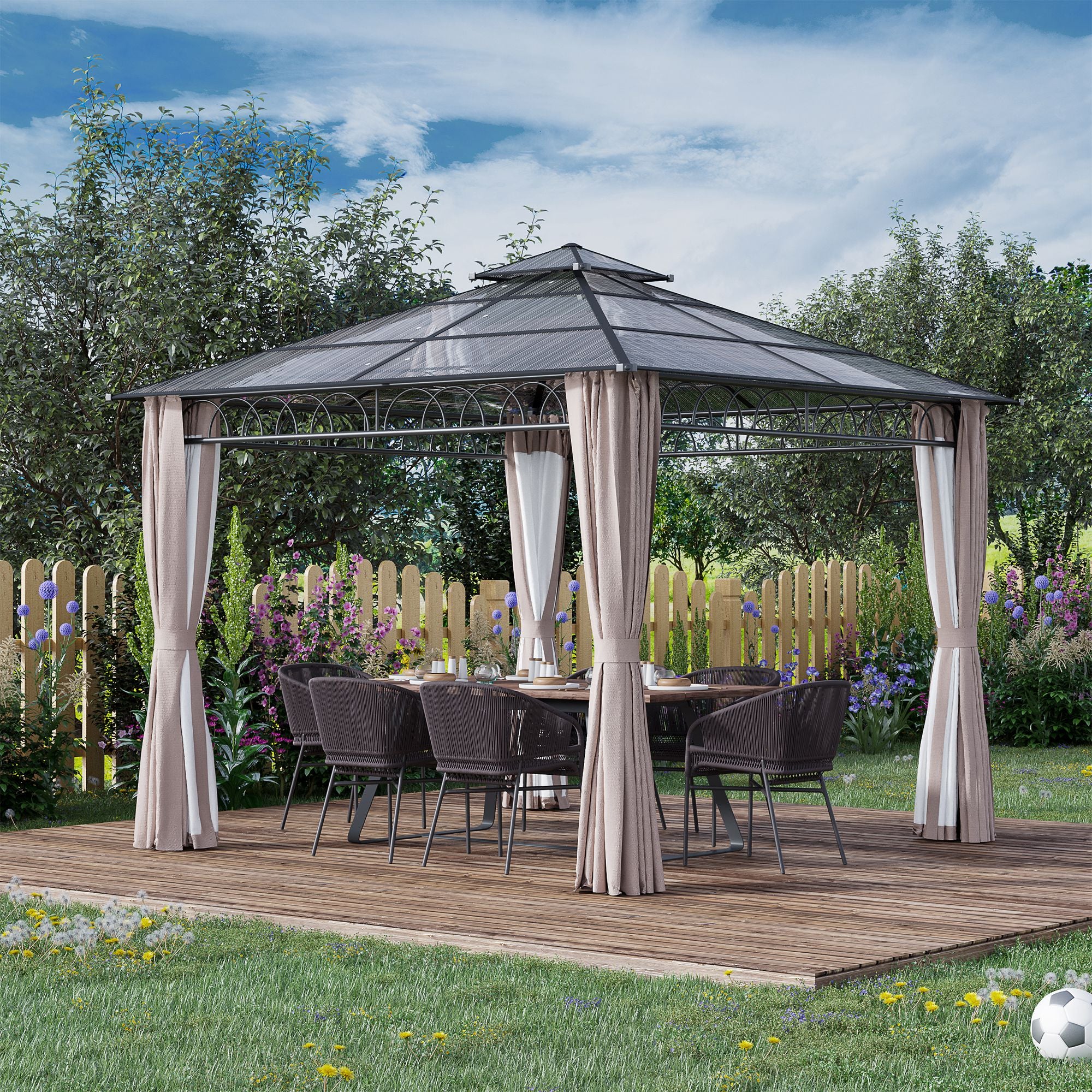 Outsunny 3 x 3 (m) Outdoor Polycarbonate Gazebo, Double√Ç Roof Hard Top Gazebo with√Ç Galvanised Steel Frame, Nettings√Ç &√Ç Curtains for Garden, Lawn, Patio and Deck, Khaki