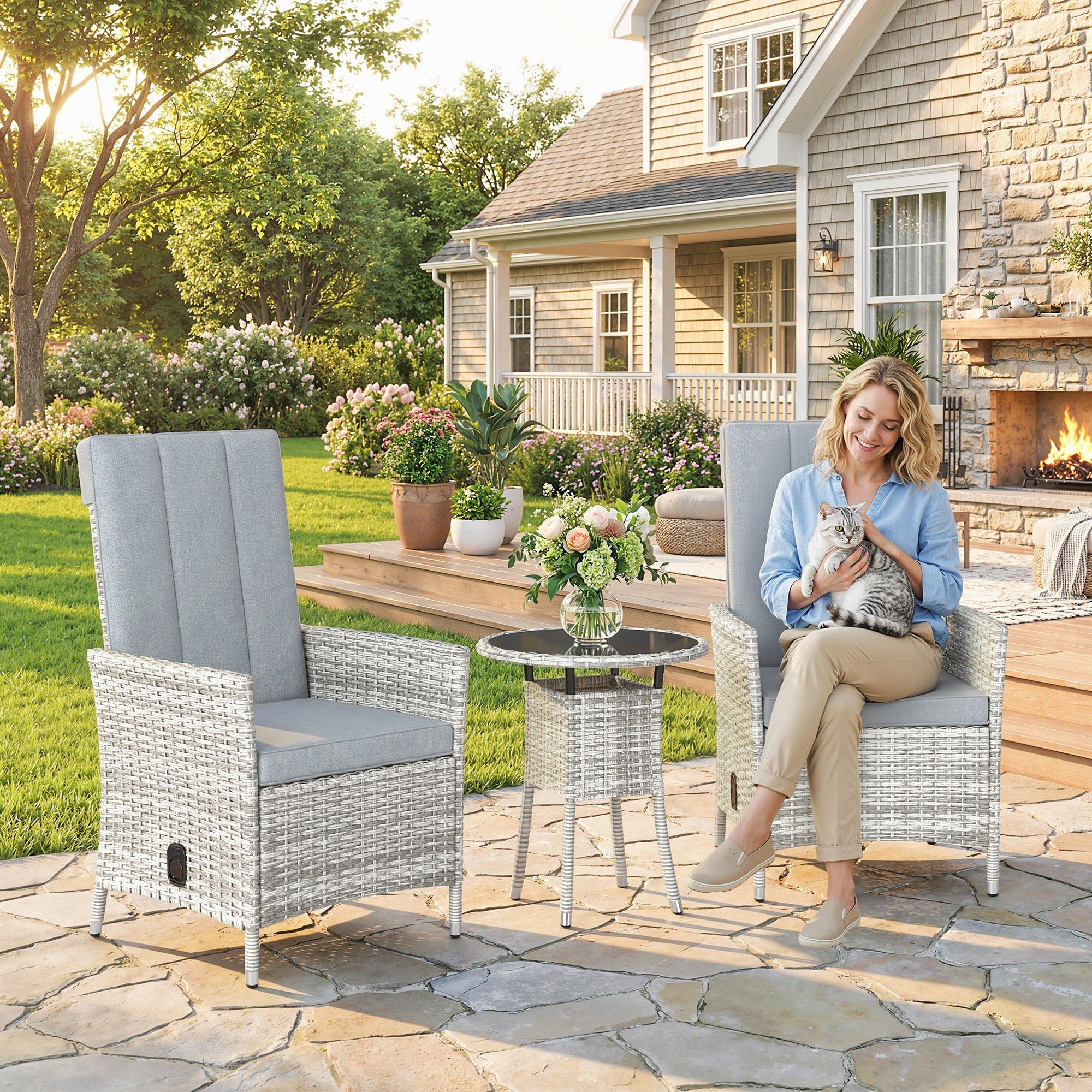 Outsunny Rattan Bistro Set, Reclining Garden Chairs and Glass Coffee Table with Cushions for Patio Balcony Porch, Light Grey