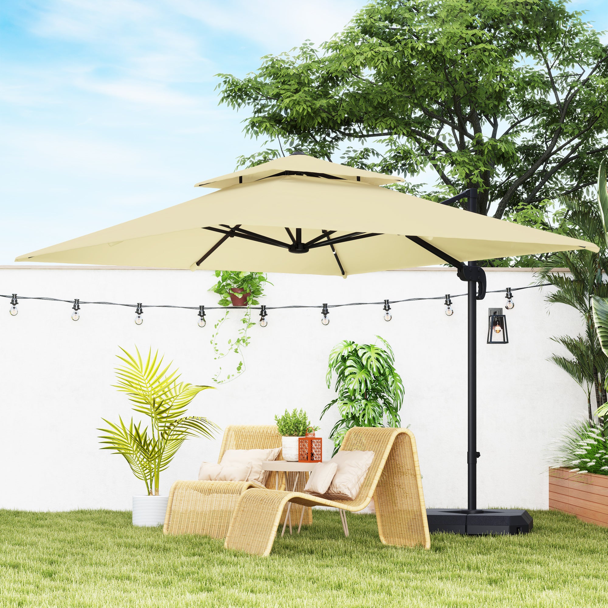 Outsunny 2.7 x 2.7(m) Cantilever Parasol with Aluminium Frame, Crank and Tilt, 360-Degree Rotation, Double Top Garden Umbrella with Base and Cover, Khaki