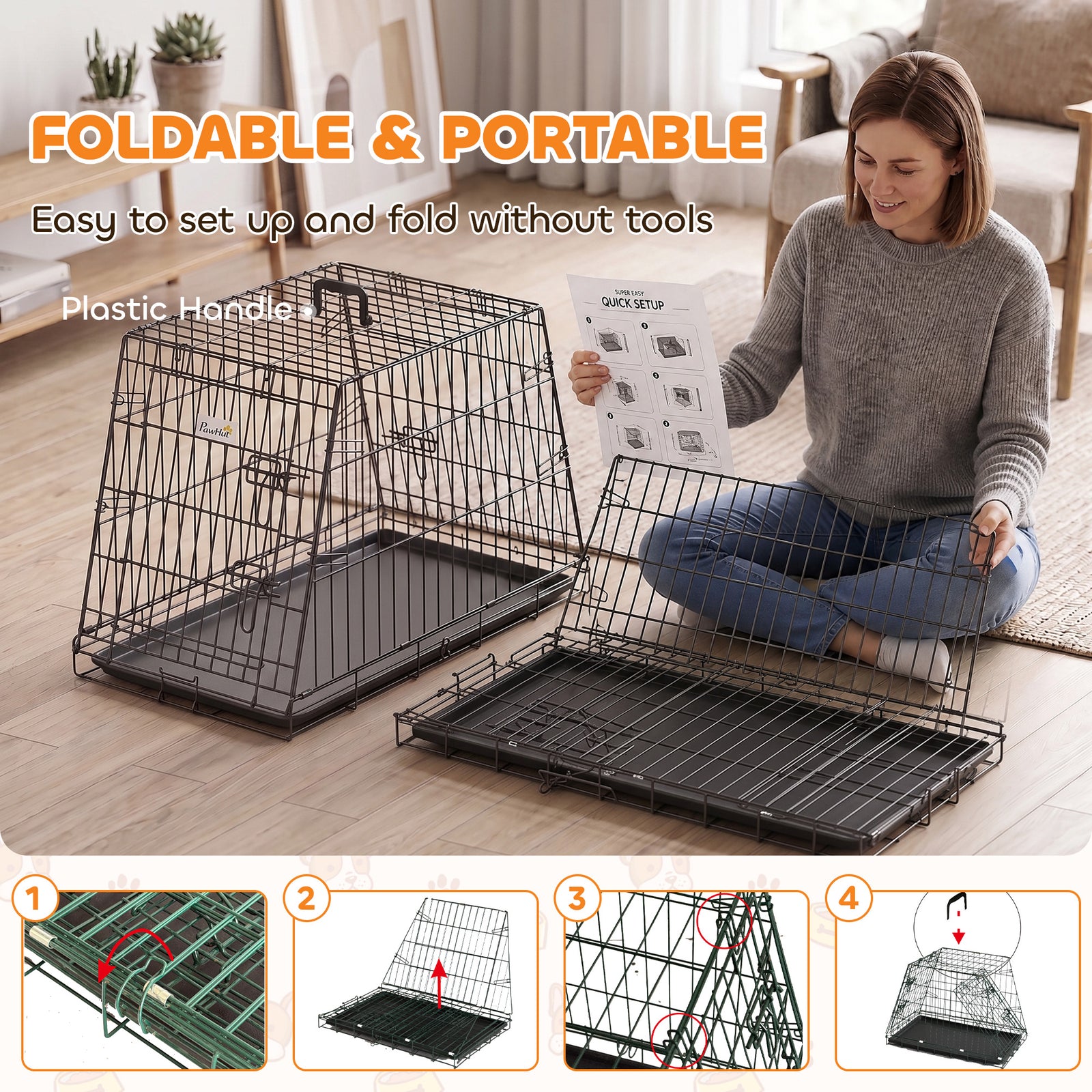 PawHut 30"(76 cm) Car Dog Crate Collapsible Slanted Travel Small Dog Cage with Tray & Handle 76L x 48W x 53H cm