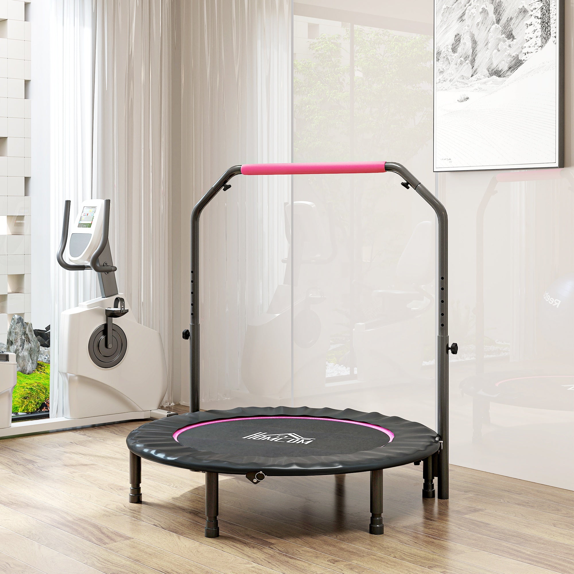 HOMCOM 45" Foldable Mini Fitness Trampoline, with Adjustable Foam Handle, Pink
