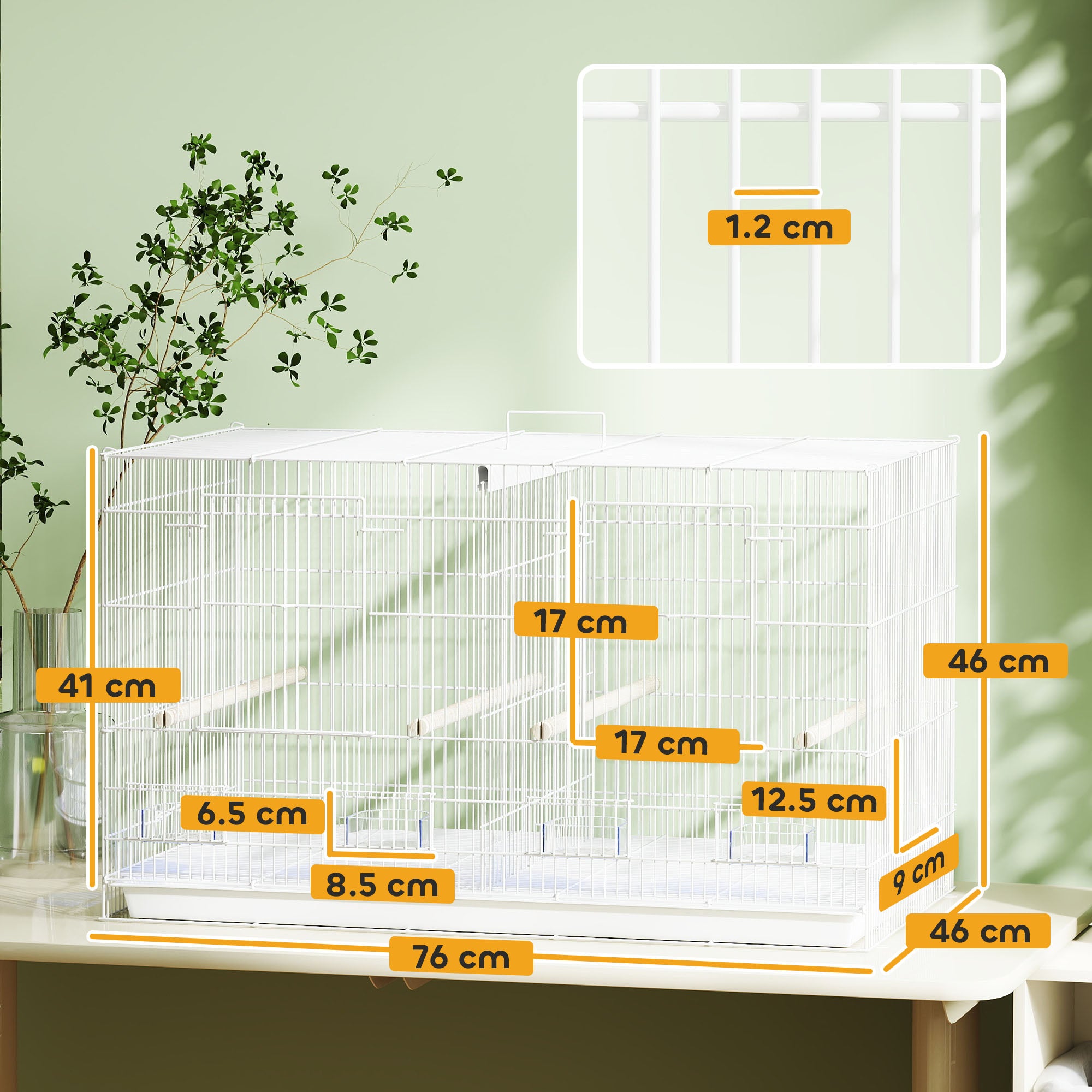 PawHut Bird Cage with Divider, 4 Wooden Perches, Slide Out Tray, 4 Feeders, for Budgie, Lovebird, Canary, 76 x 46 x 46cm, White