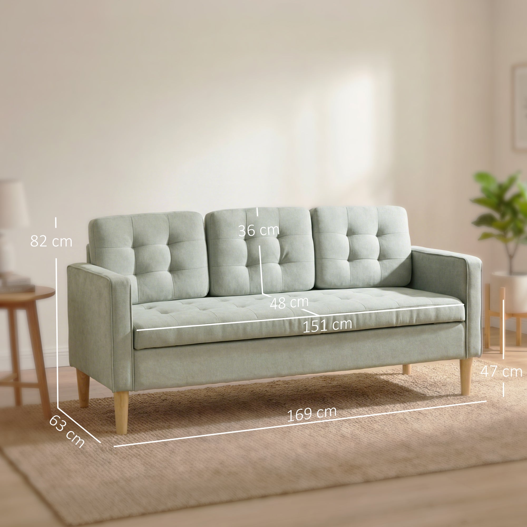 HOMCOM 3 Seater Sofa, 169cm Couch with Hidden Storage, Wood Legs, Light Grey