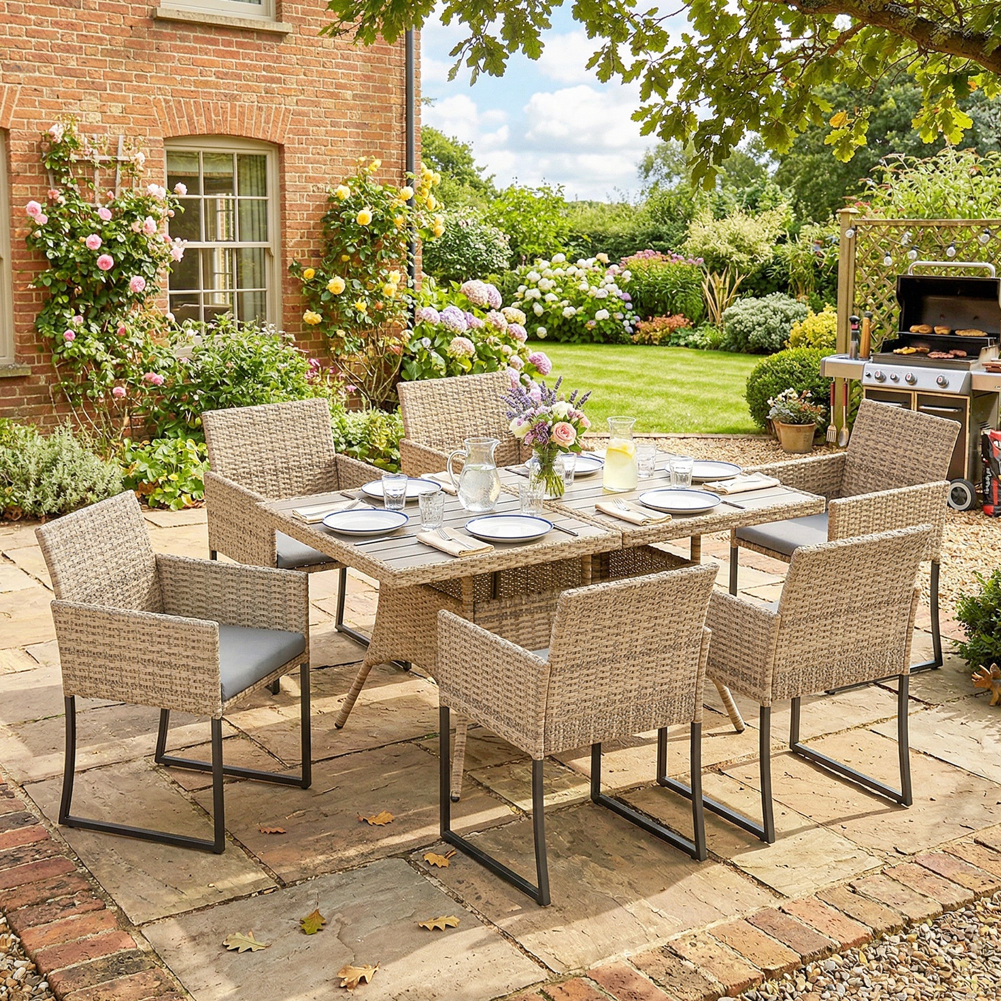 Outsunny 7 Piece Rattan Garden Furniture Set, Garden Dining Set with Wood-Plastic Table and 6 Stackable Chairs, Dark Grey
