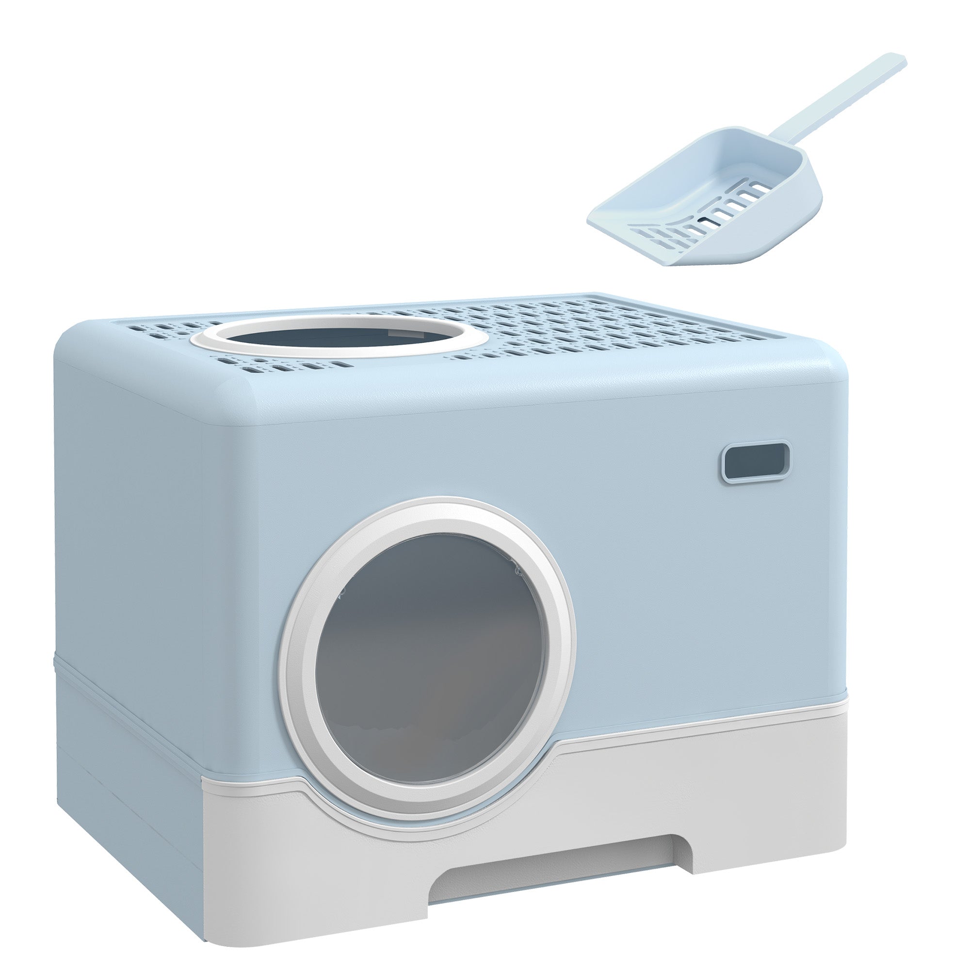 PawHut Enclosed Cat Litter Box, with Lid, Front Entry, Top Exit, Pull-Out Tray, Scoop - Blue