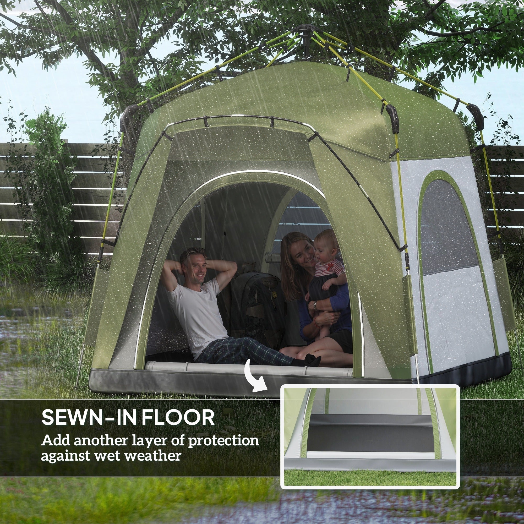 Outsunny Instant Pop Up Camping Tent, 4 Man Dome Tent with 4 Doors, Sewn-in Groundsheet, Carry Bag and Top Hook for Fishing Hiking Festival, Green