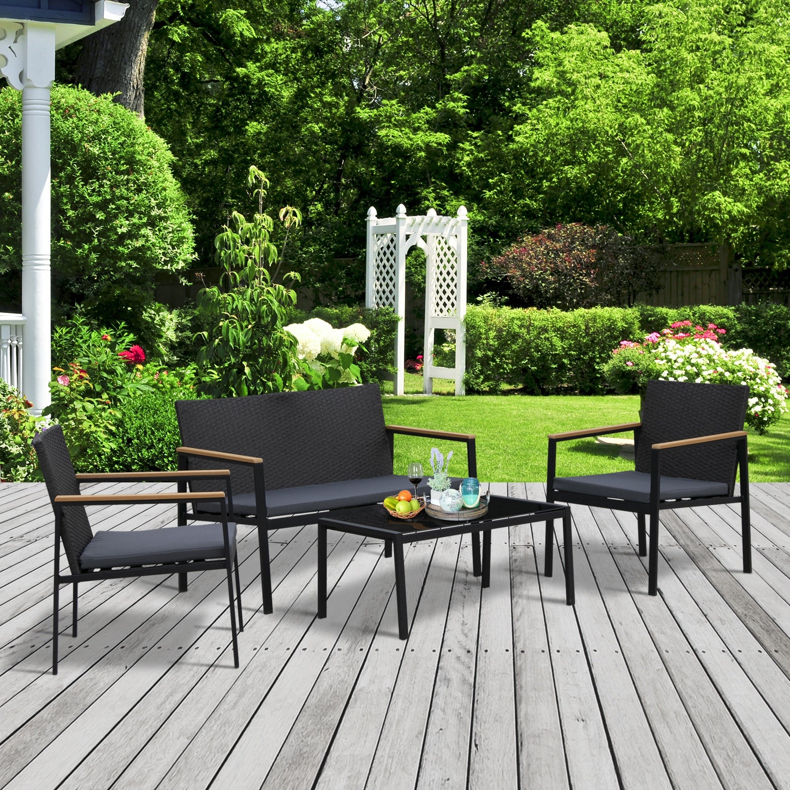 Outsunny 4 Pieces Rattan Garden Furniture Set, 4 Seater Garden Sofa Set with Loveseat, 2 Armchairs and Glass Top Coffee Table, Wicker Outdoor Conservatory Furniture with Cushions for Patio, Black