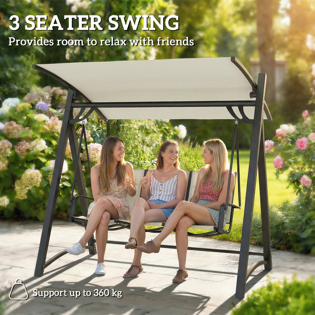 Outsunny 3 Seater Swing Chair, Garden Swing Bench with Adjustable Tilting Canopy, Breathable Mesh Seat 360 kg Capacity, White