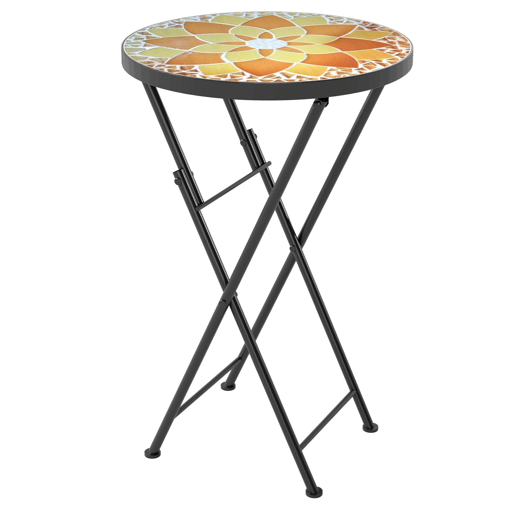 Outsunny Mosaic Outdoor Garden Table, 35.5cm Round Folding Coffee Table with Metal Frame for Balcony Terrace, Yellow