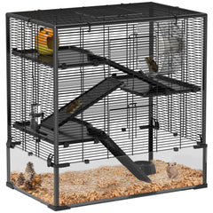 PawHut Four-Tier Hamster Cage with Deep Tempered Glass Bottom, Hut, Running Wheel, Food Dish, Water Bottle, 78.5 x 48.5 x 80cm