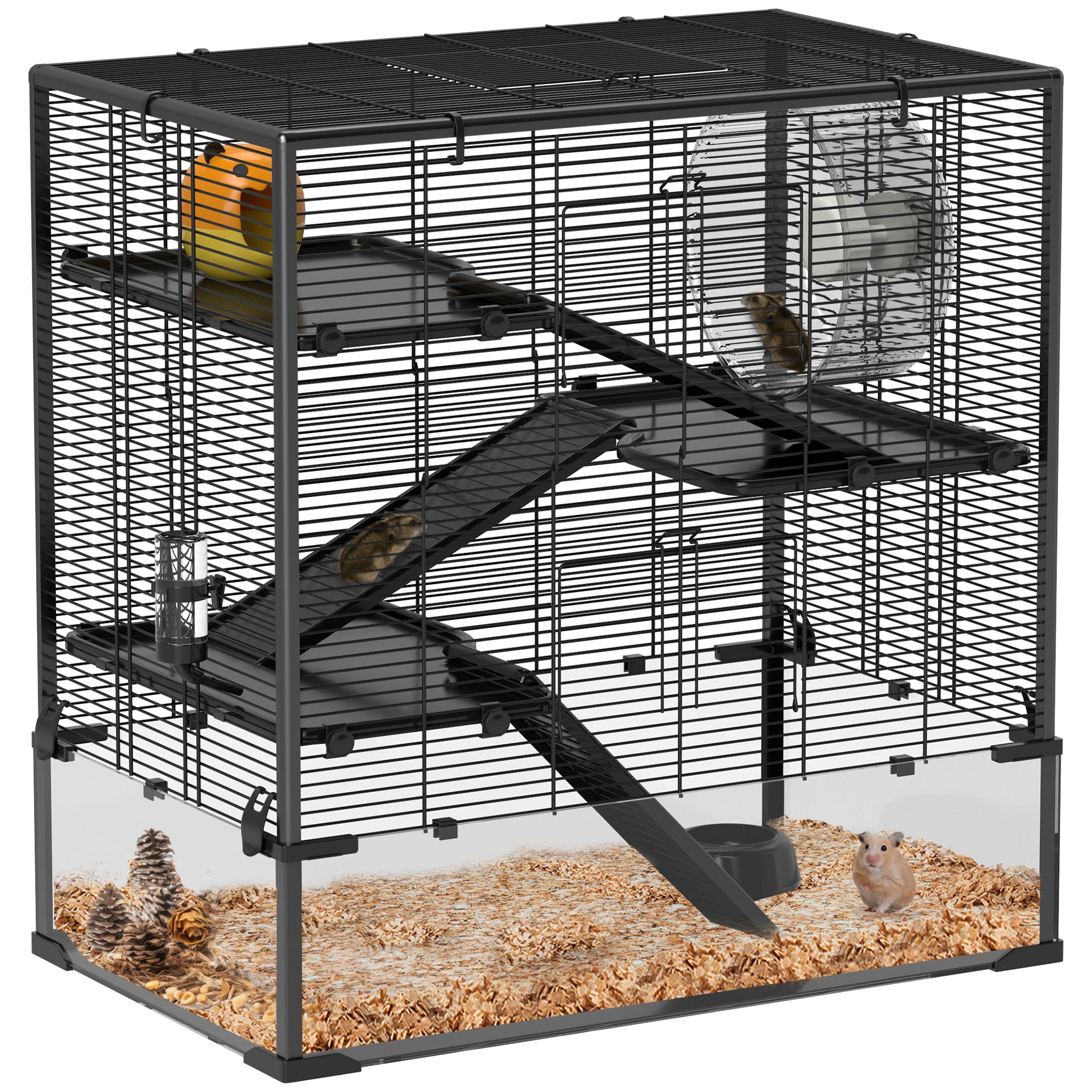 PawHut Four-Tier Hamster Cage with Deep Tempered Glass Bottom, Hut, Running Wheel, Food Dish, Water Bottle, 78.5 x 48.5 x 80cm