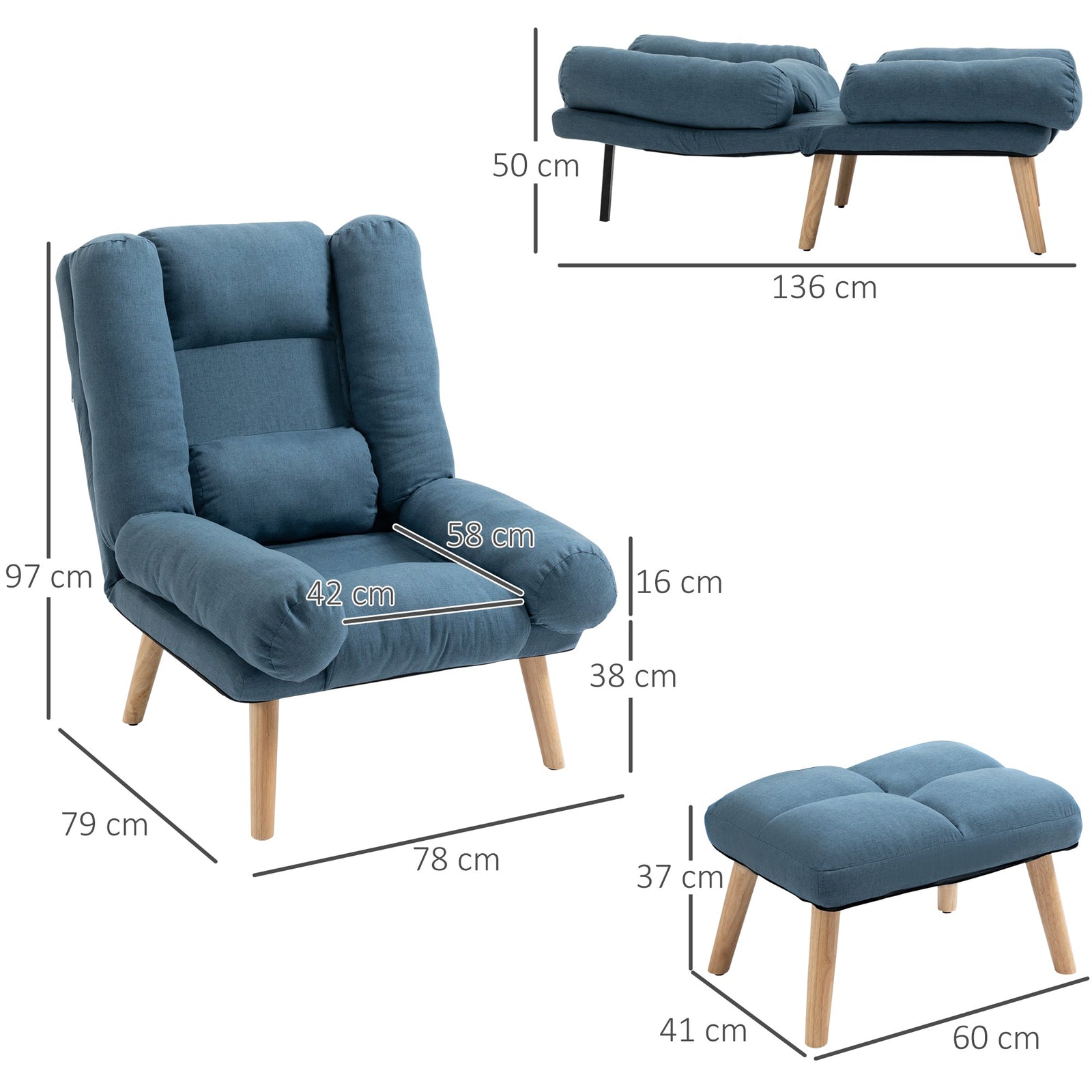 HOMCOM Armchair with Footstool, 180 Recliner with Ottoman, Accent Chair and Footstool with 3-Position Adjustable Backrest and Wooden Legs for Living Room, Blue