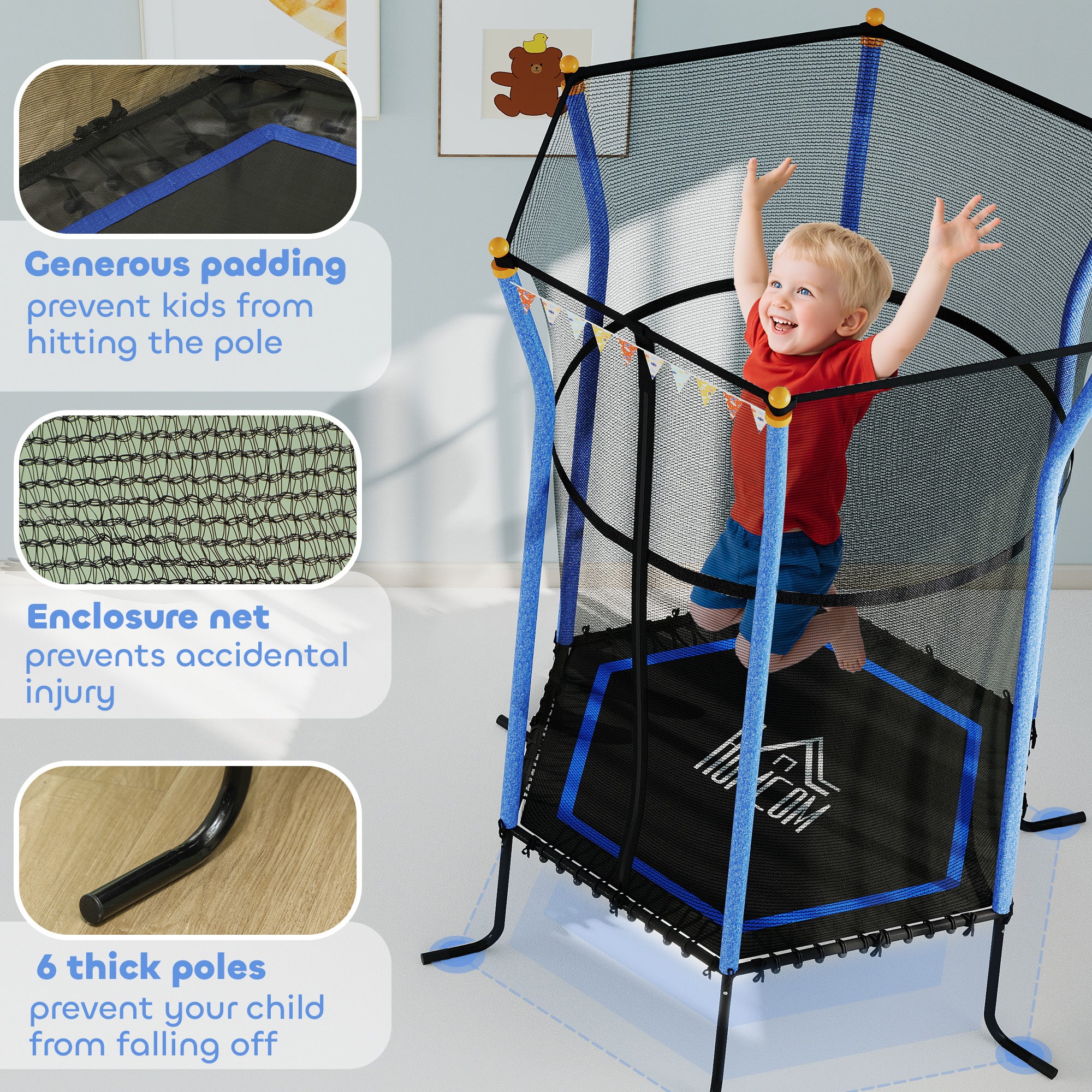 HOMCOM Kids Trampoline Mini Bouncer with Enclosure Safety Net For Ages 3-10 Years - Blue