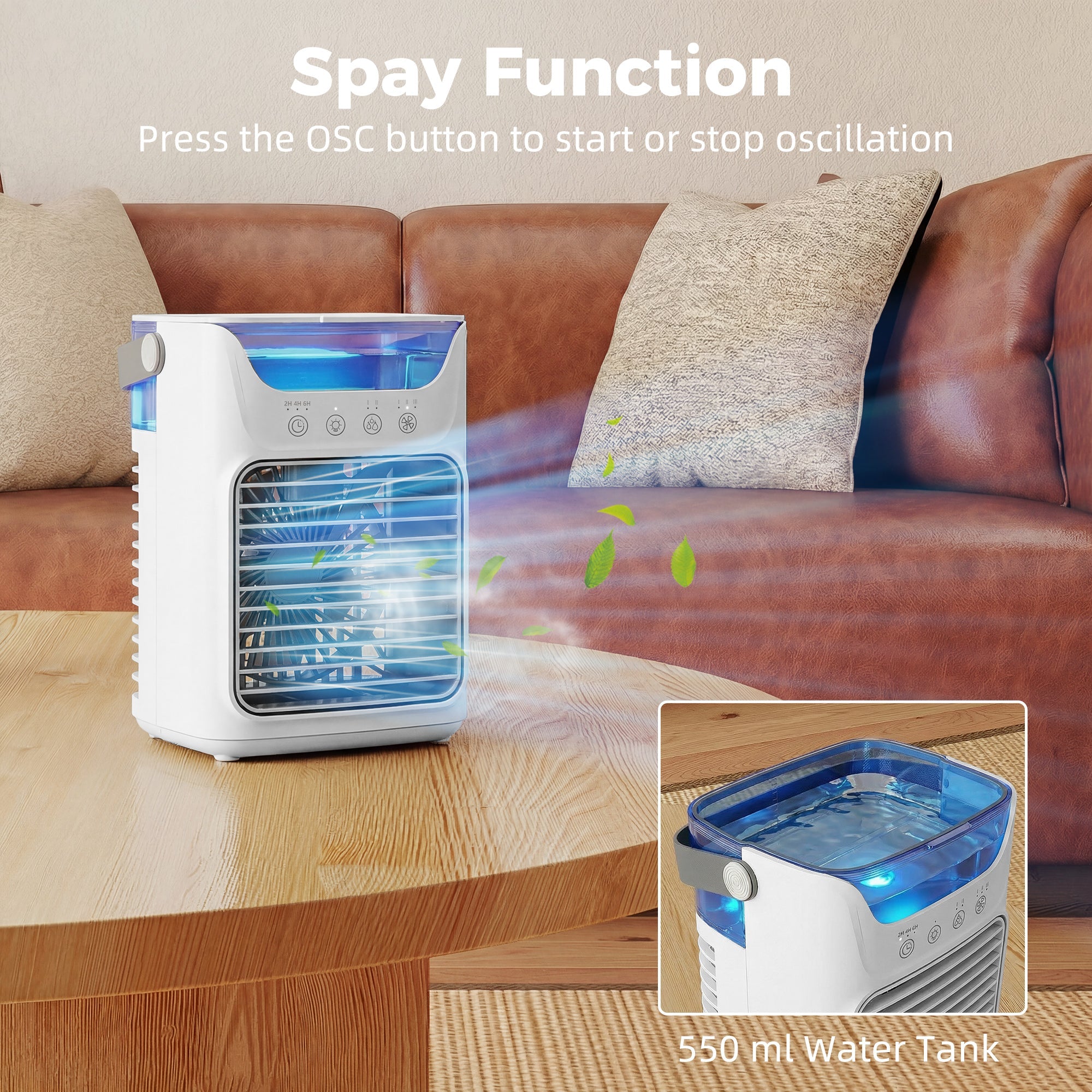 HOMCOM Air Cooler with Adjustable Head, Portable Air Conditioner with 3 Wind Speed, 2 Cool Mist, RGB Light, White