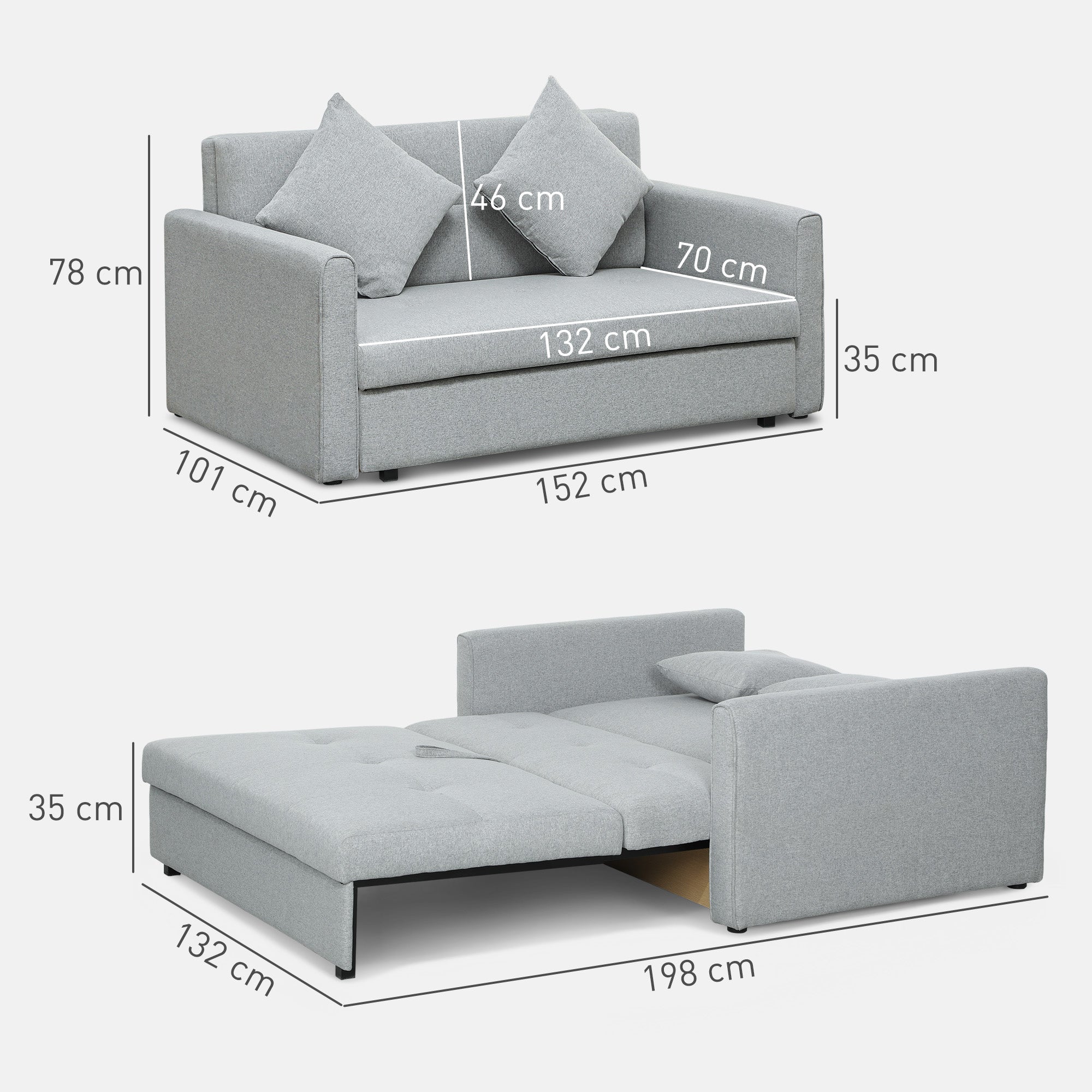 HOMCOM 2 Seater Sofa Bed, Convertible Bed Settee, Modern Linen Loveseat Sofa Couch with 2 Cushions, Hidden Storage for Living Room, Guest Room, Light Grey
