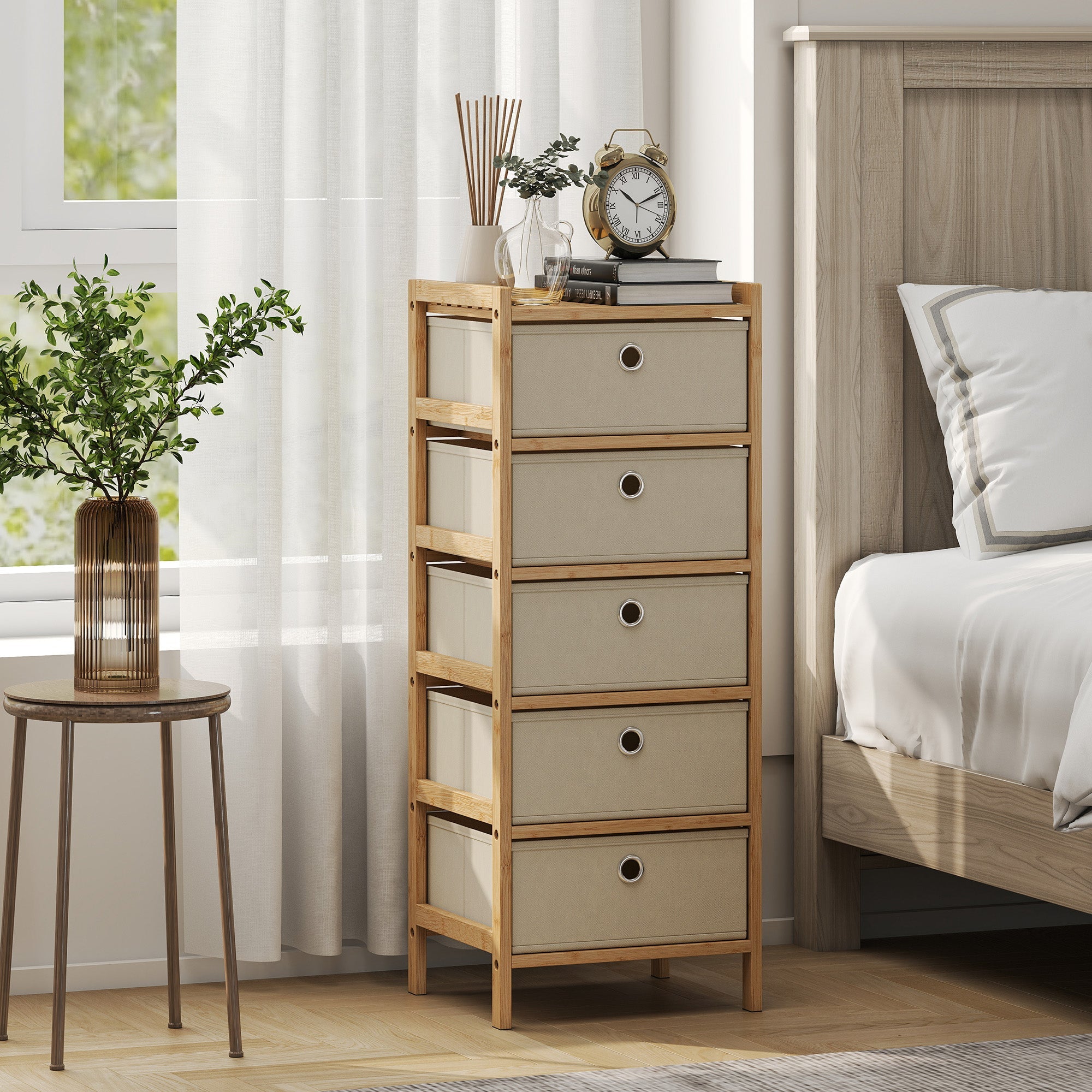 HOMCOM Chest of Drawers, 5 Fabric Drawers Narrow Dresser with Bamboo Frame, Cream White