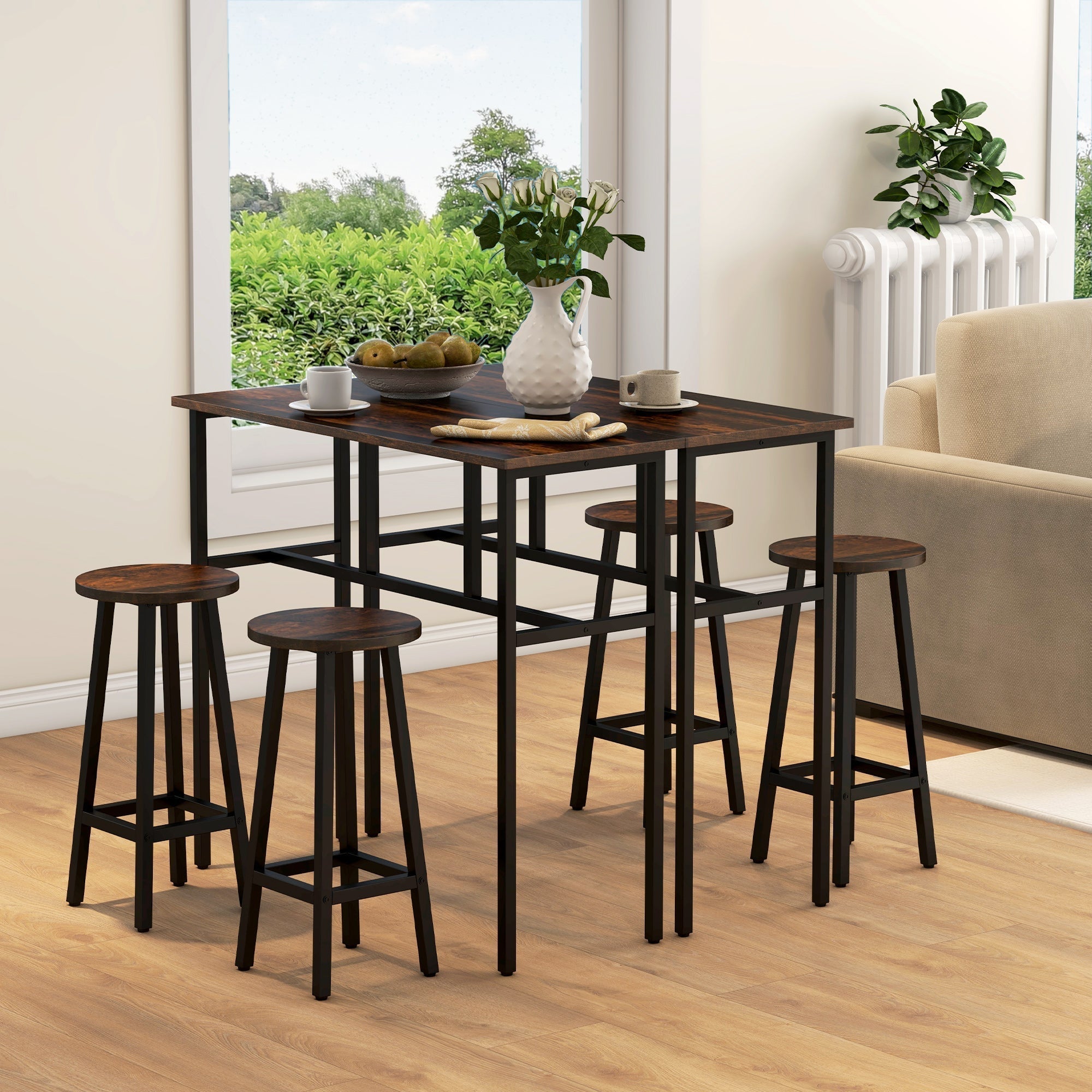 HOMCOM 6-Piece Bar Table Set, Counter Height Kitchen Dining Set with 2 High Tables & 4 Stools, Space Saving Compact Bar Furniture for Small Kitchens and Flats, Multiple Arrangements, Rustic Brown