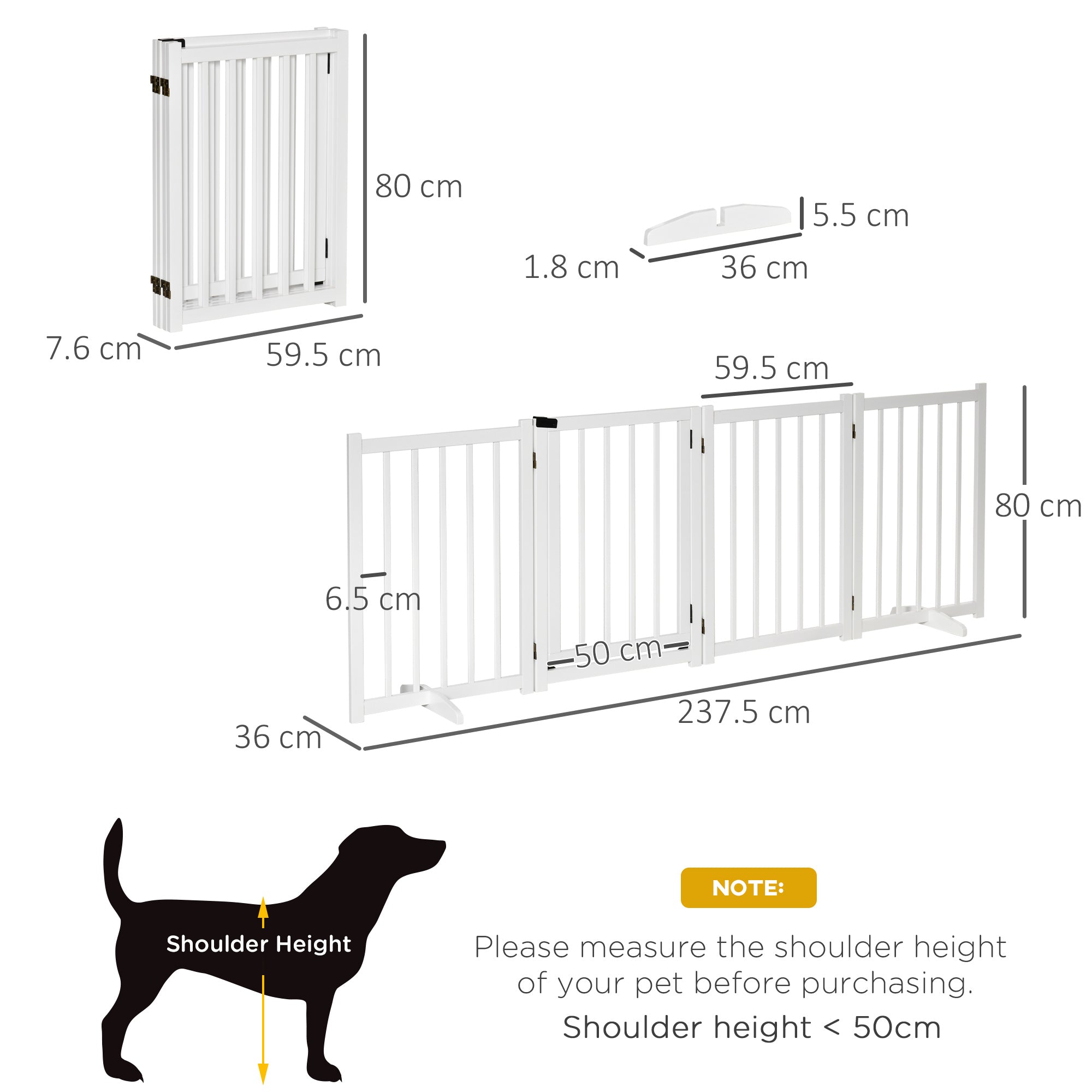 PawHut Wooden Dog Gate, Dog Fence Indoor, 80 cm Tall Freestanding Pet Gate for Small and Medium Dogs with 4 Panels, 2 Support Feet, White