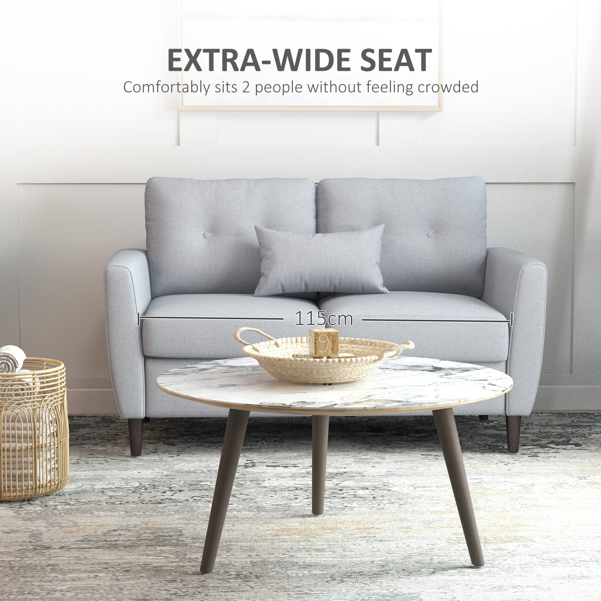 HOMCOM 2 Seater Sofa with Spring Cushion, Fabric Sofa with Wooden Legs, Modern Love Seat for Living Room, 140cm Width Tufted Couch for Bedroom, Light Grey