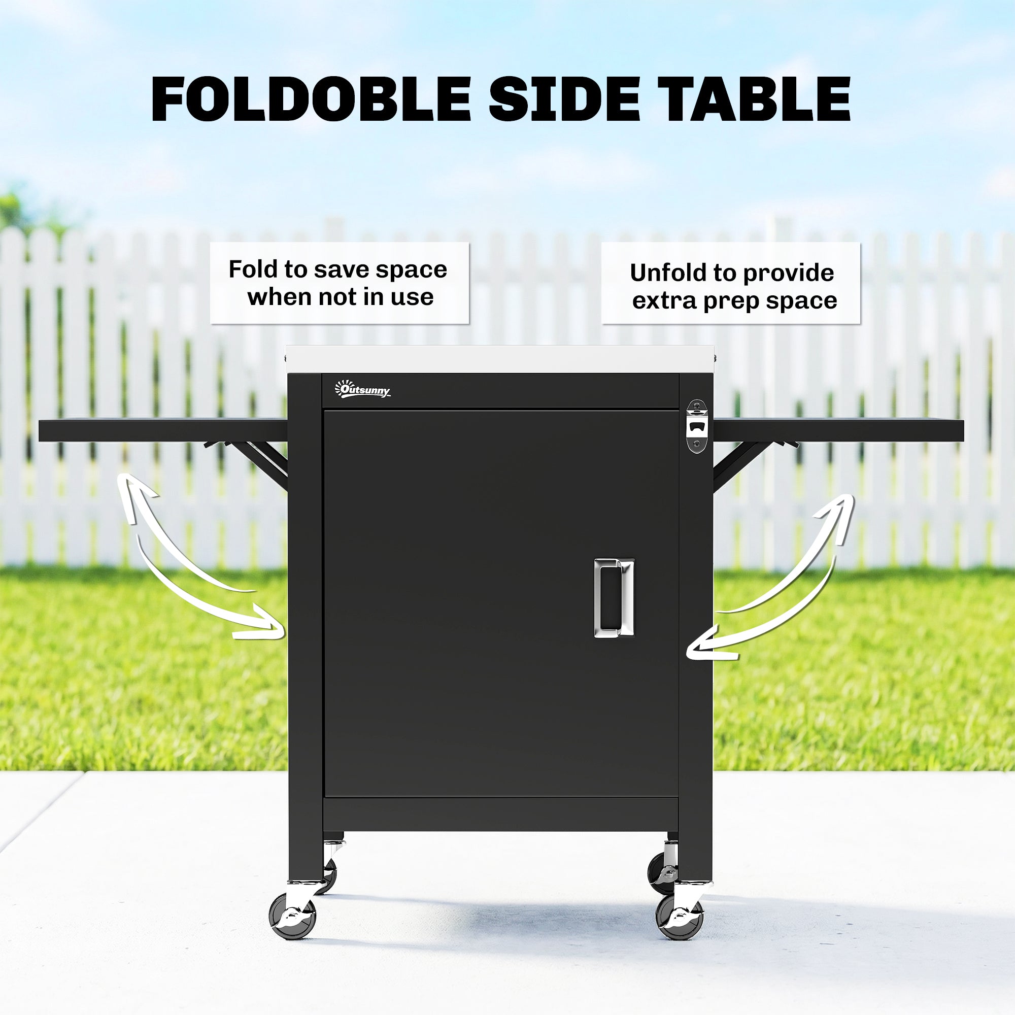 Outsunny Outdoor Grill Cart with Stainless Steel Tabletop, BBQ Table with a Cabinet, Towel Holder, Bottle Opener, Black
