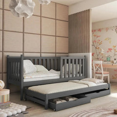 The kids single bed in dark grey with the trundle bed pulled out for extra sleeping space