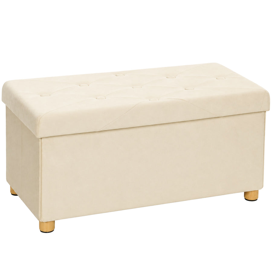 HOMCOM Velvet Upholstered Foldable Ottoman Footrest, Storage Ottoman Bench with Wood Legs for Living Room, Cream White