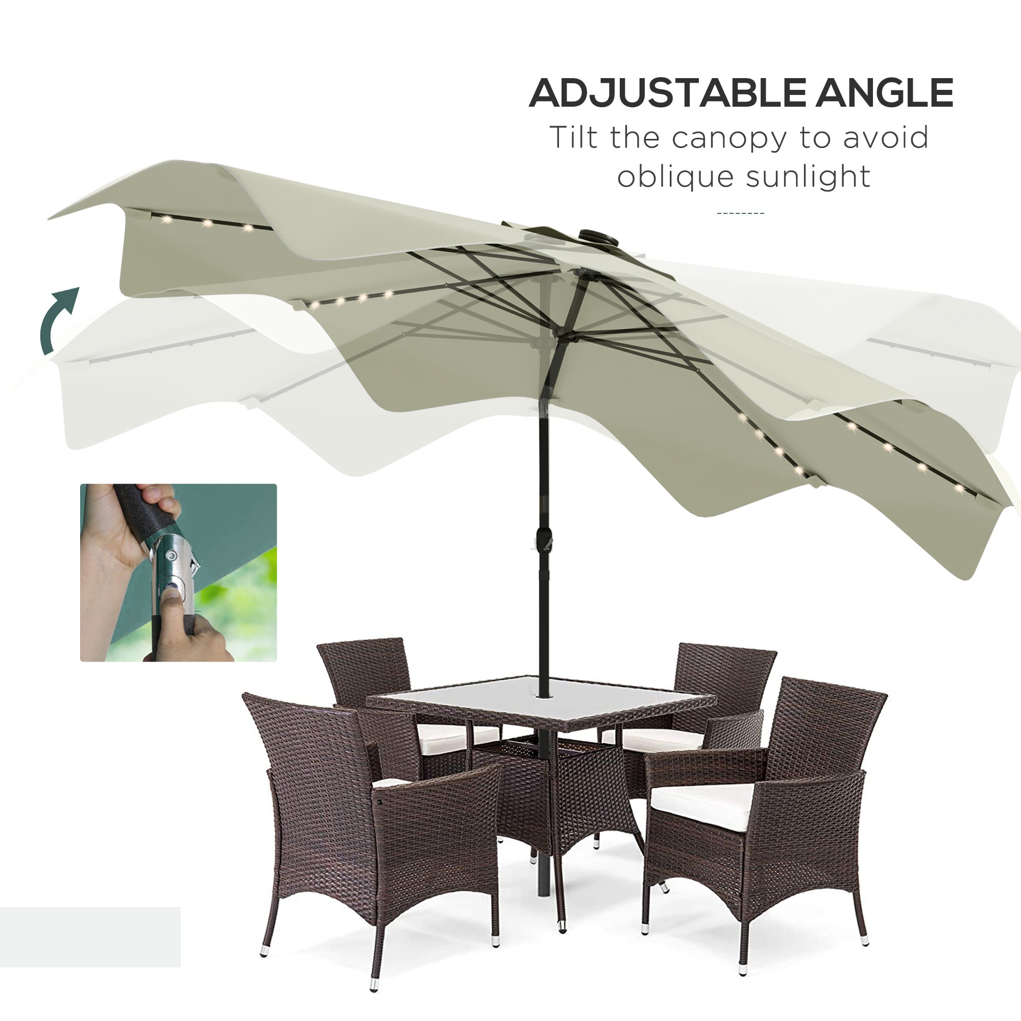 Outsunny Solar Patio Umbrella with LED and Tilt, Outdoor Market Table Umbrella Parasol with Crank, 3 x 3 (m), Cream White