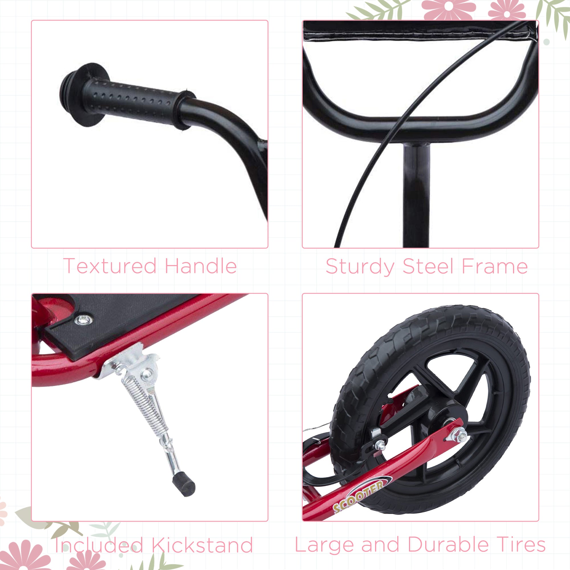 HOMCOM Kids Scooter Kick Scooter, with 12" EVA Tyres, Rear Brake, Big Wheels Scooter for 5-12 Years , Red