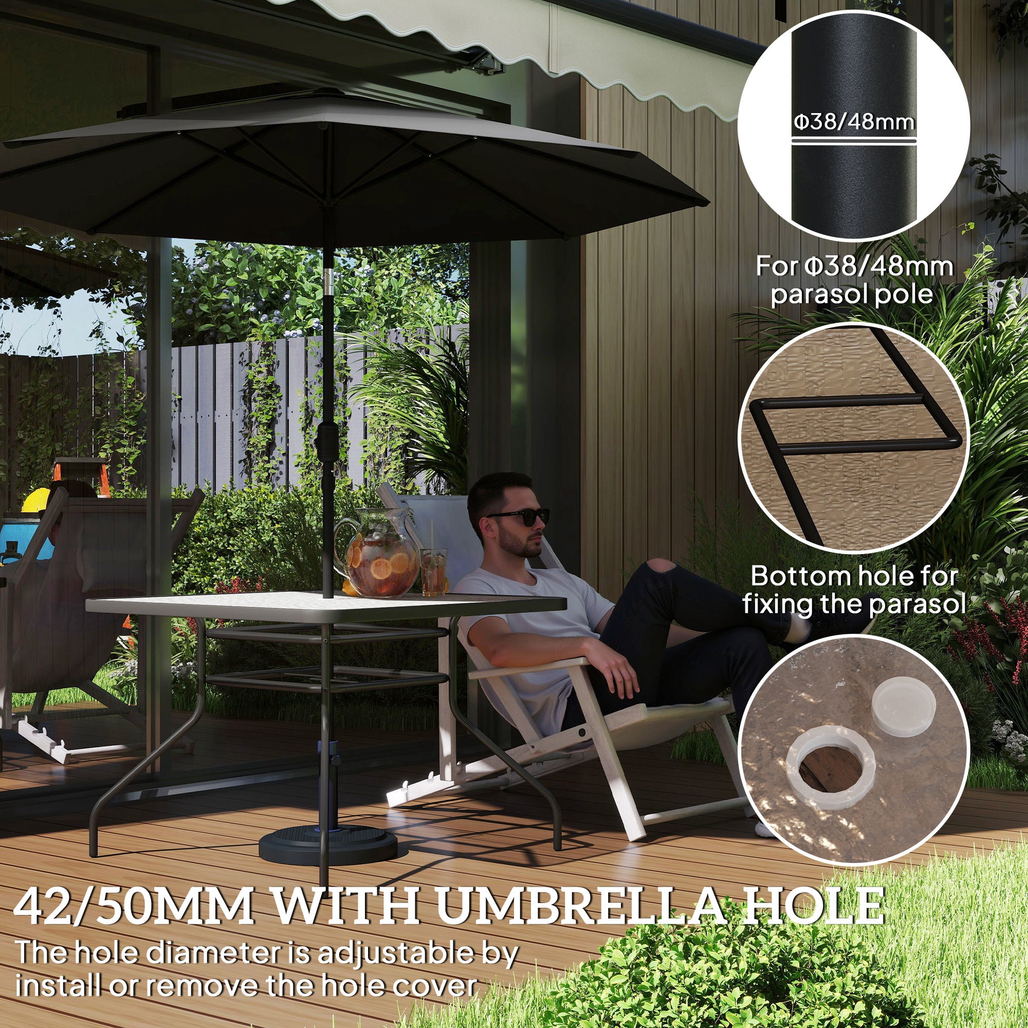 Outsunny Square Garden Dining Table with Tempered Glass Top & Umbrella Hole, 100 x 100 cm