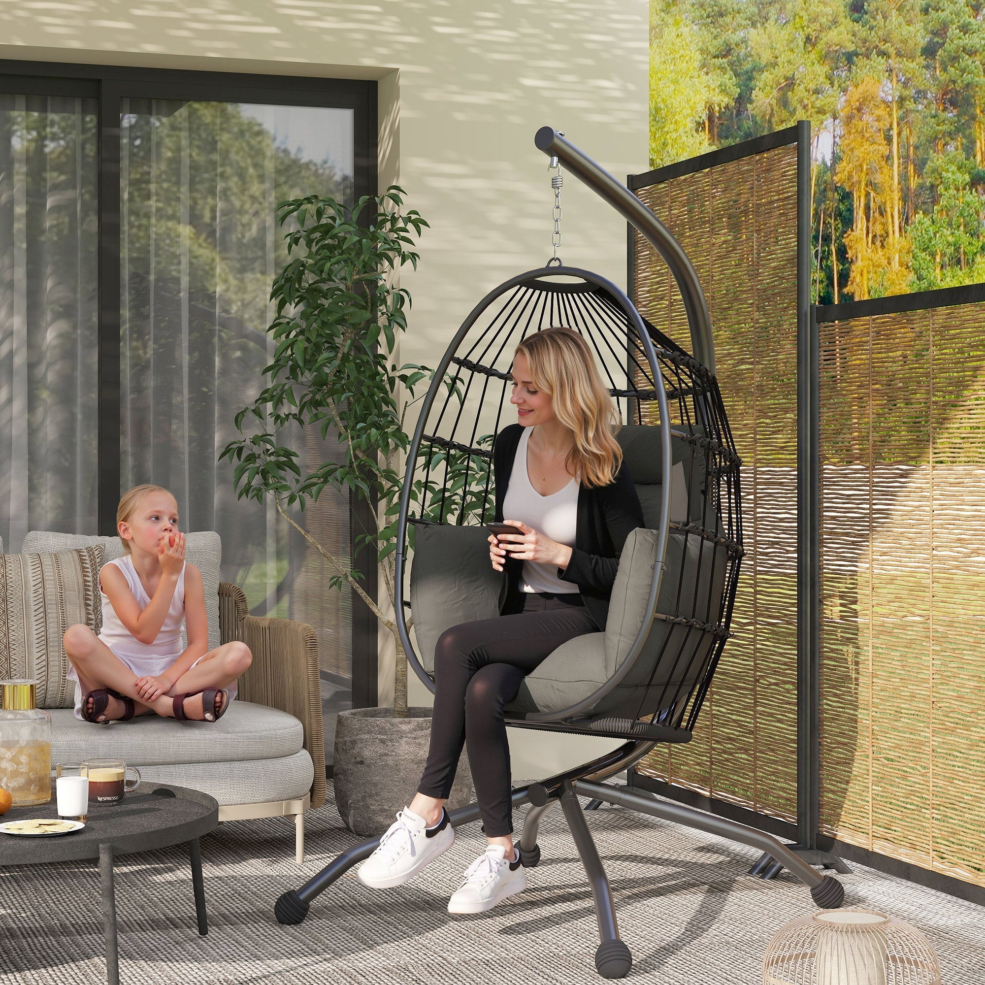 Outsunny Hanging Egg Chair Outdoor Indoor Garden Swing Chair with Folding Basket and Thickened Cushion, Garden Hanging Chair with Stand, Headrest, Cup Holder for Patio, Balcony, Dark Grey
