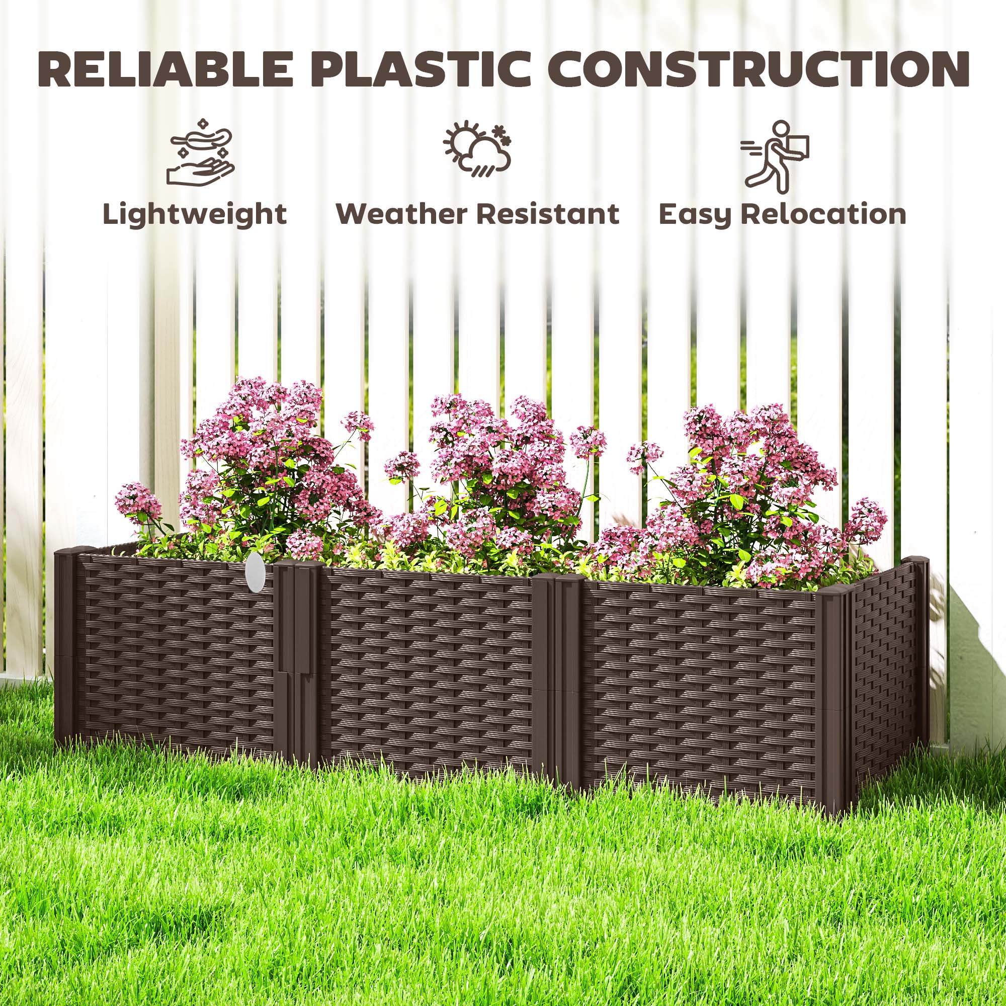 Outsunny Plastic Raised Garden Bed, Modular Planter Box Kit, Garden Fence Edging Border for Flowers, Vegetables, Herbs, Brown