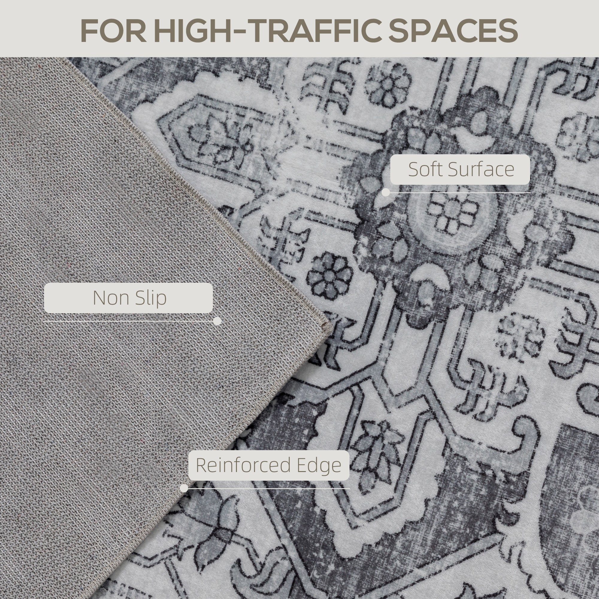 HOMCOM Vintage Area Rug, Non-Slip Washable Rug, Flannel Floor Carpet for Living Room, Bedroom, Dining Room, Home Office, 230 x 160 cm, Grey