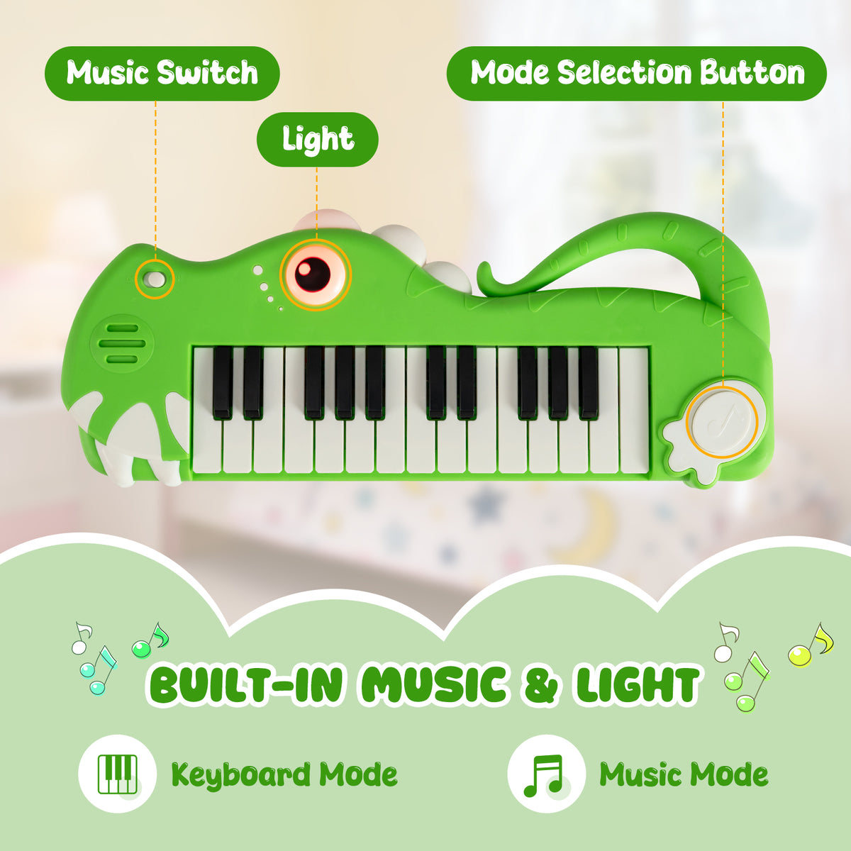25-Key Kids Piano Keyboard Dinosaur Shape Toy Digital Piano with Built-in Music-Green