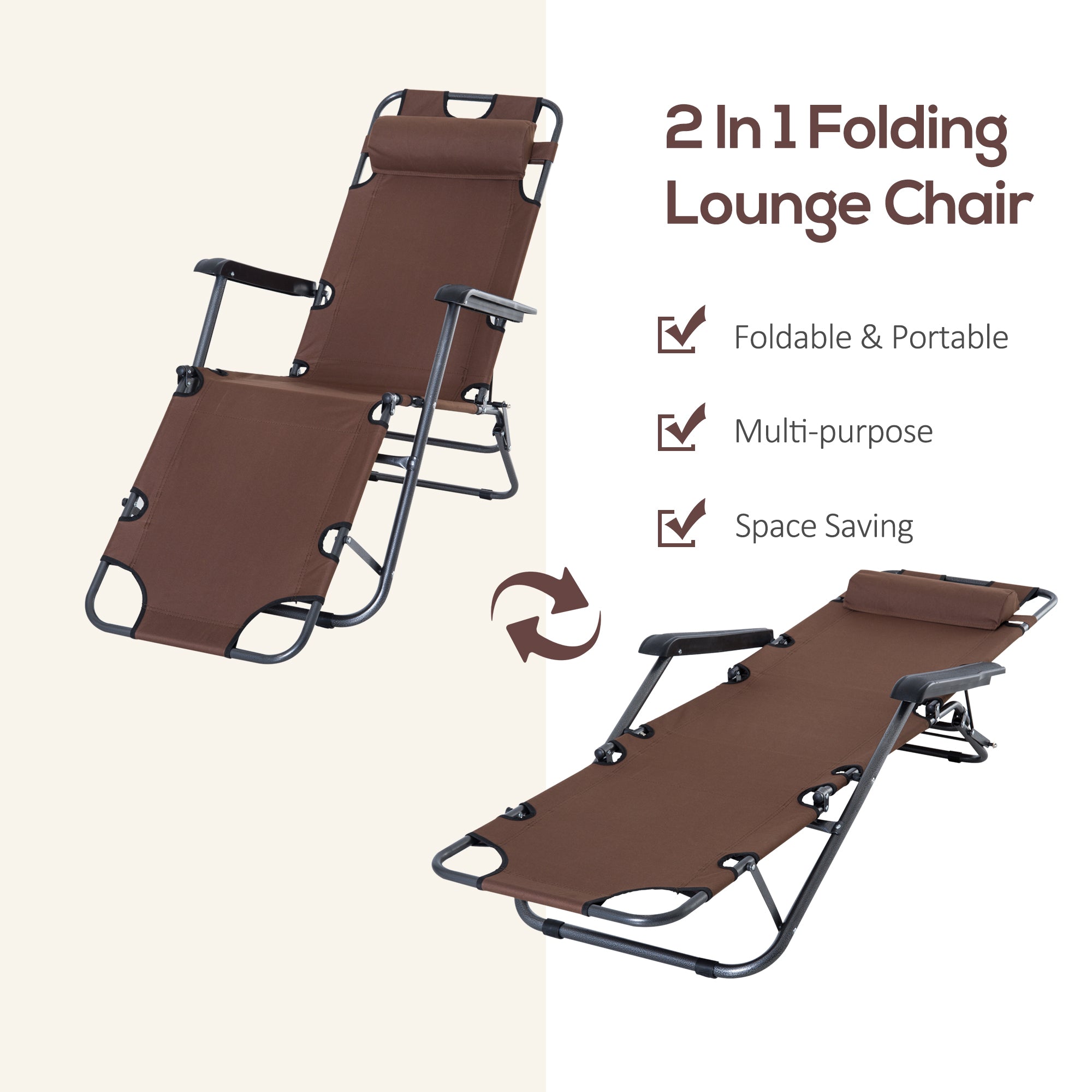 Outsunny 2 in 1 Folding Sun Lounger Reclining Garden Chair Set of 2 with 2-Level Adjustable Backrest, Outdoor Zero Gravity Recliner Garden Chairs with Head Pillow and Armrests, Brown
