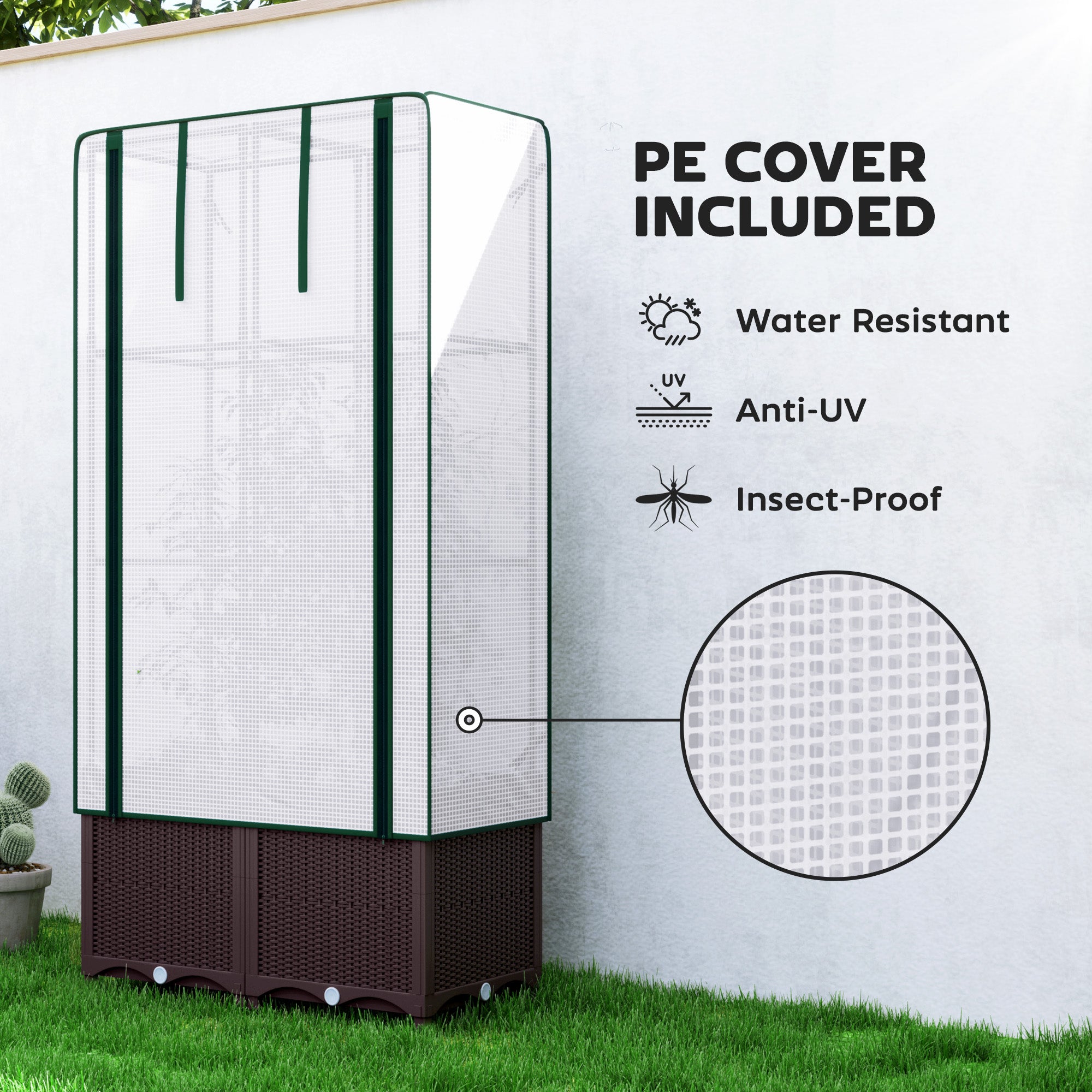 Outsunny Raised Garden Bed with Trellis, Plastic Planter Box with PE Cover, Drainage Holes, Drain Plugs and Water Reservoirs for Climbing Plants, Vegetables, Flowers, 80 x 40 x 140 cm