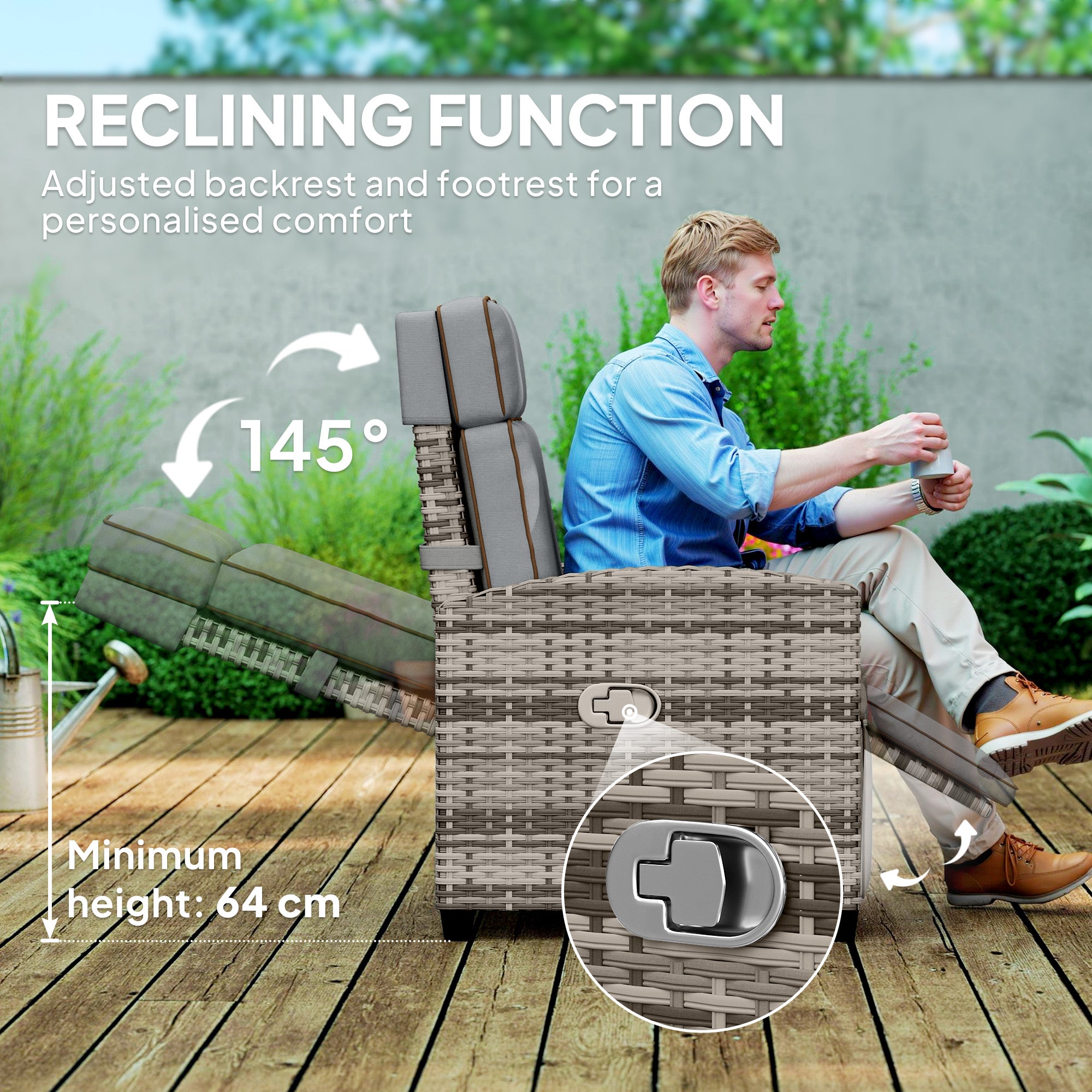 Outsunny 145√Ç¬∞ Reclining Rattan Armchair, with Footrest - Mixed Grey/Grey