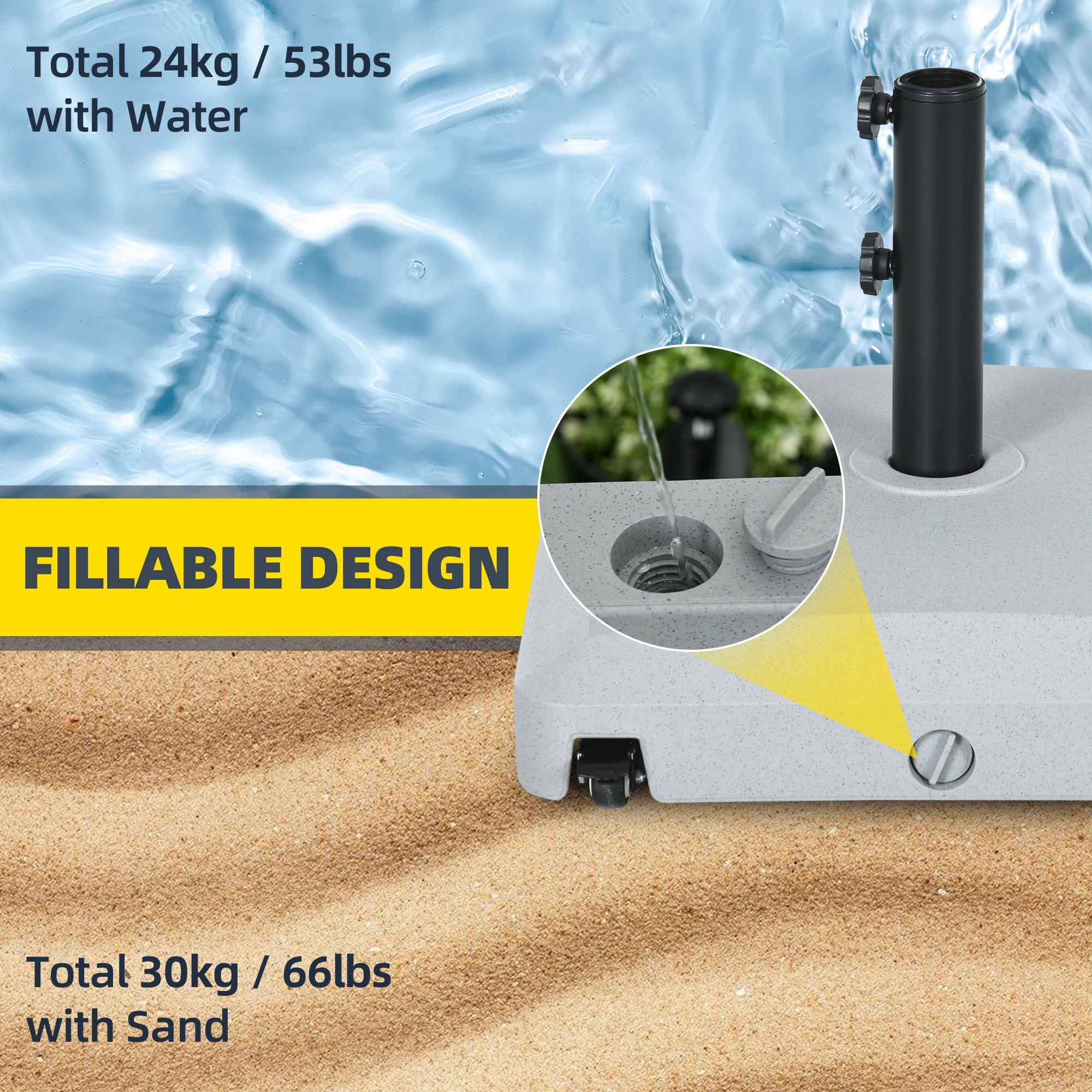 Outsunny Garden Parasol Base Holder, 24kg Water or 30kg Sand Filled, Outdoor Market Umbrella Stand Weight with Wheels and Brakes, Grey