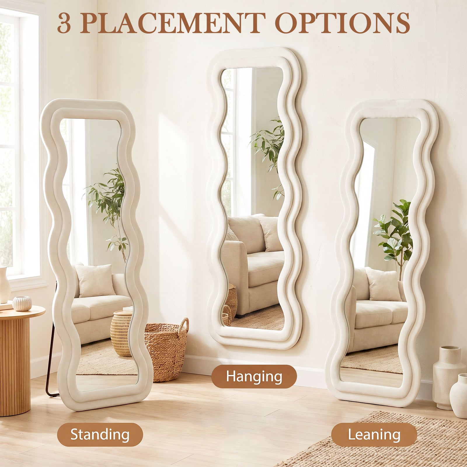 HOMCOM Full Length Mirror, 160 x 60 cm Wavy Full Body Wall Standing Mirror with Velvet Frame and Tempered Glass, Cream White