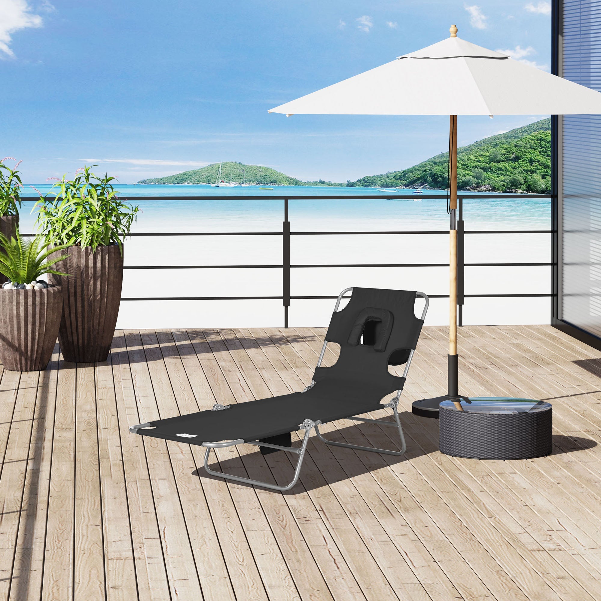 Outsunny Foldable Sun Lounger, Beach Chaise Lounge with Reading Hole, Arm Slots, 5-Position Adjustable Backrest, Side Pocket, Pillow for Garden, Beach, Pool, Black