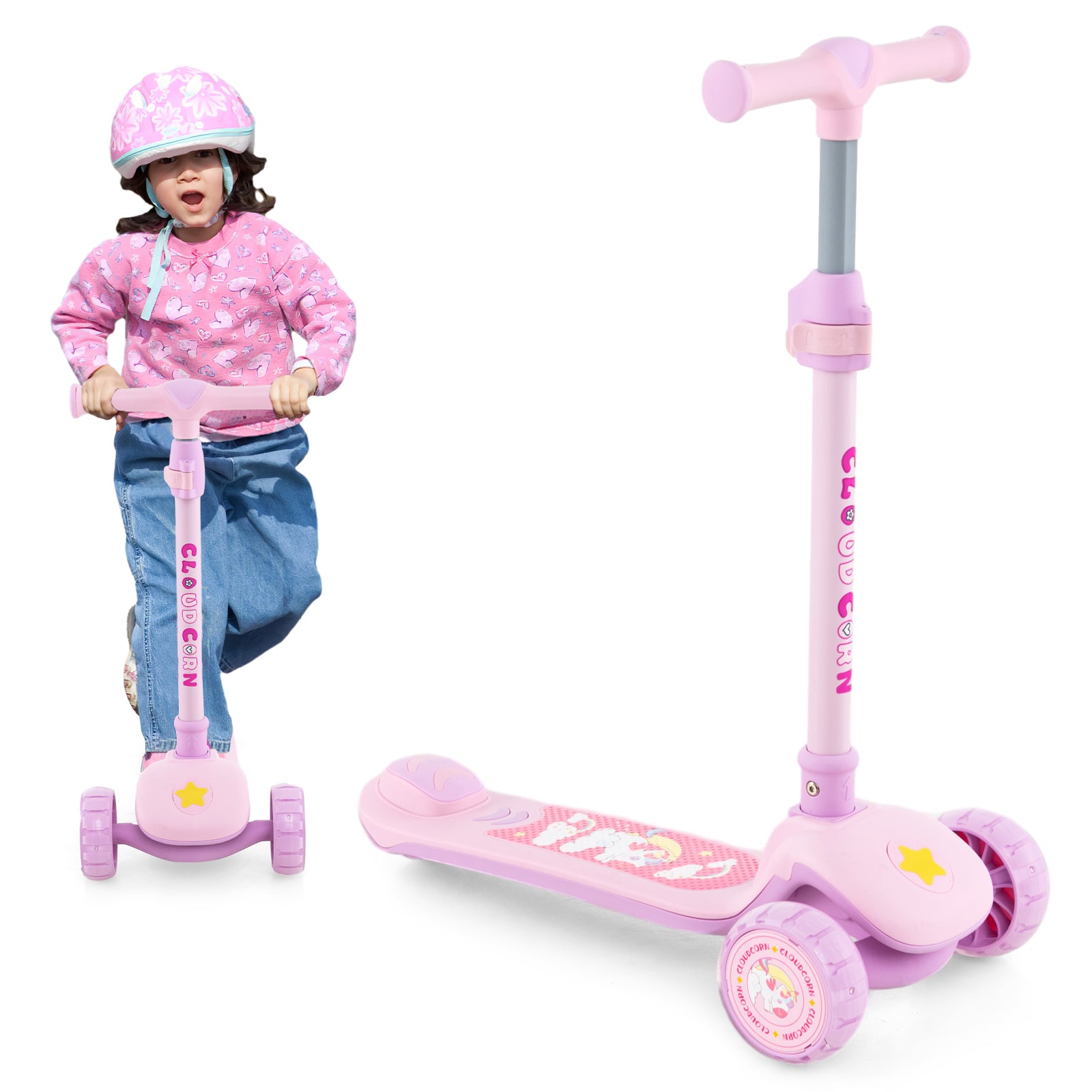 Kick Scooter with Extra Wide Deck and LED Lighted PU Wheels-Light Pink