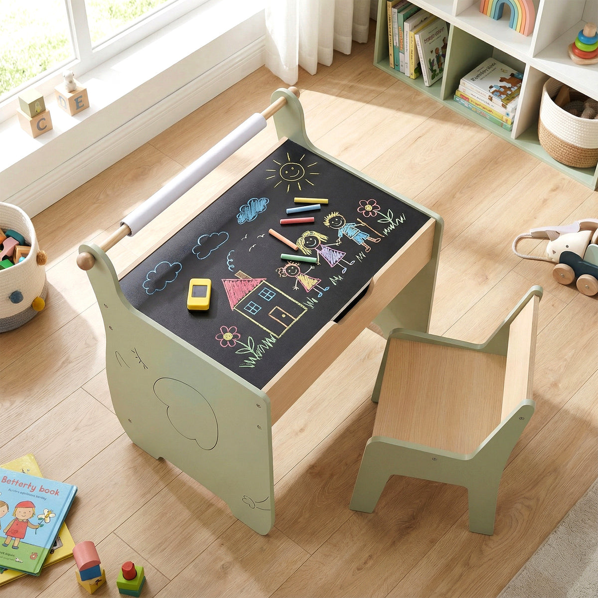 Kids Art Table and Chair Set with Paper Roll for Drawing-Green