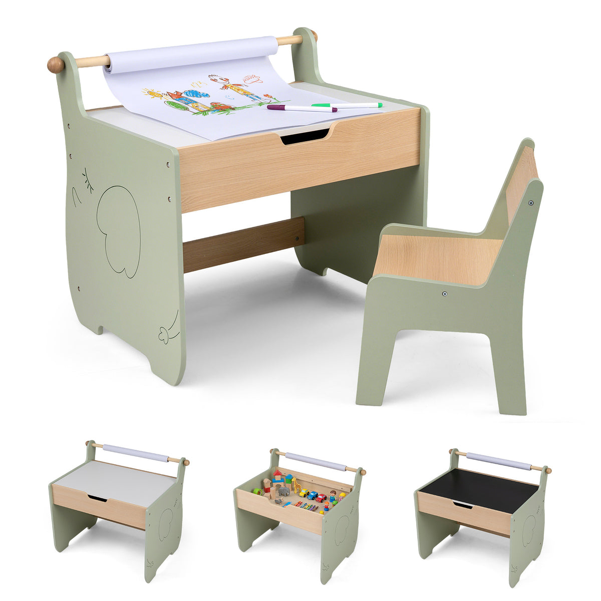 Kids Art Table and Chair Set with Paper Roll for Drawing-Green