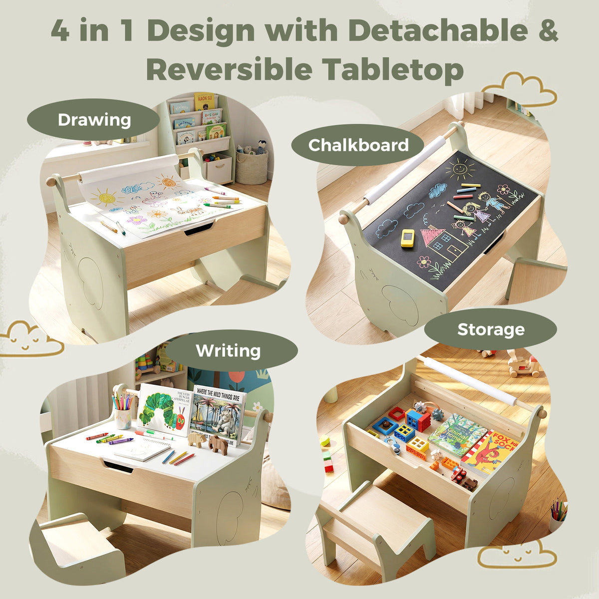 Kids Art Table and Chair Set with Paper Roll for Drawing-Green