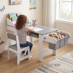 Kids Art Table with Paper Roll and Fabric Bins for Drawing Reading and Playing-Grey