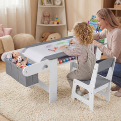 Kids Art Table with Paper Roll and Fabric Bins for Drawing Reading and Playing-Grey