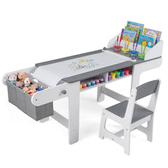 Kids Art Table with Paper Roll and Fabric Bins for Drawing Reading and Playing-Grey
