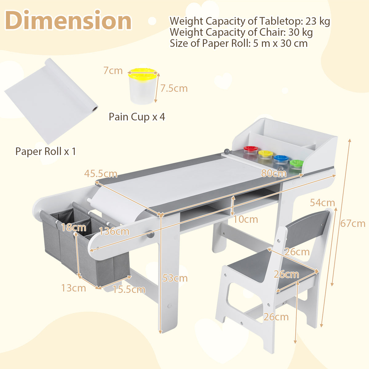 Kids Art Table with Paper Roll and Fabric Bins for Drawing Reading and Playing-Grey