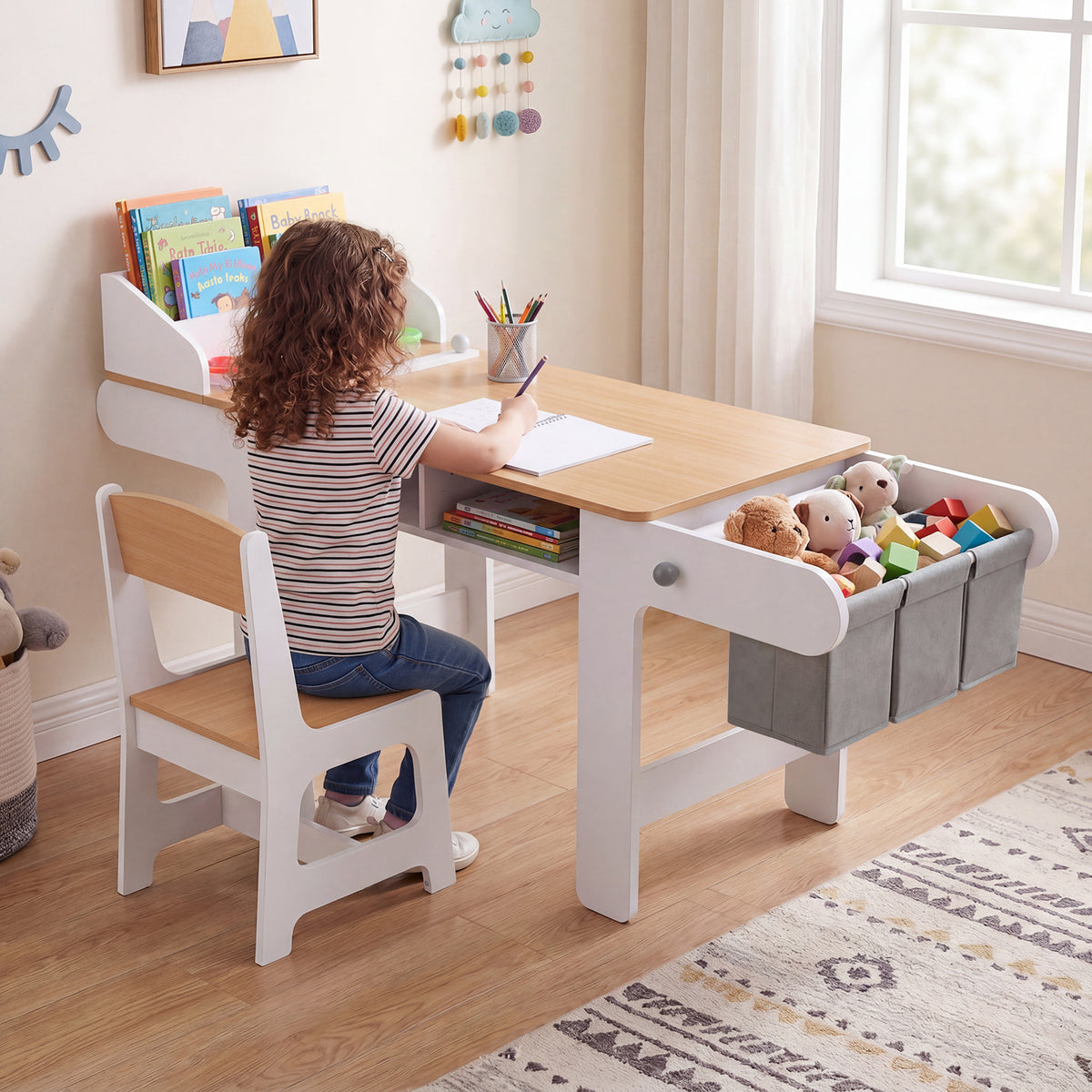 Kids Art Table with Paper Roll and Fabric Bins for Drawing Reading and Playing-Natural
