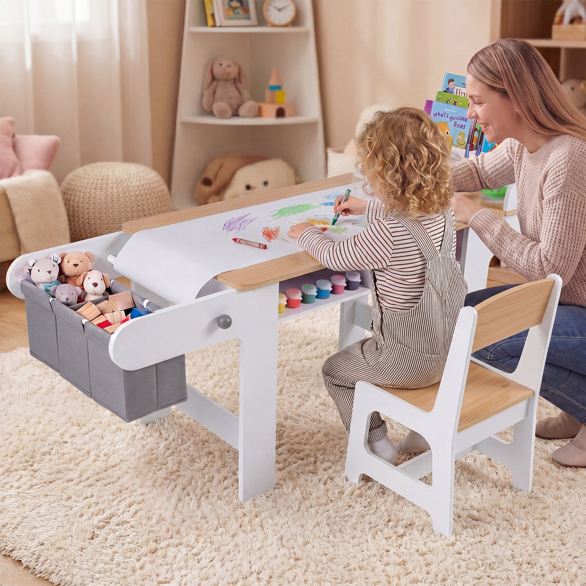 Kids Art Table with Paper Roll and Fabric Bins for Drawing Reading and Playing-Natural