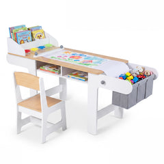 Kids Art Table with Paper Roll and Fabric Bins for Drawing Reading and Playing-Natural